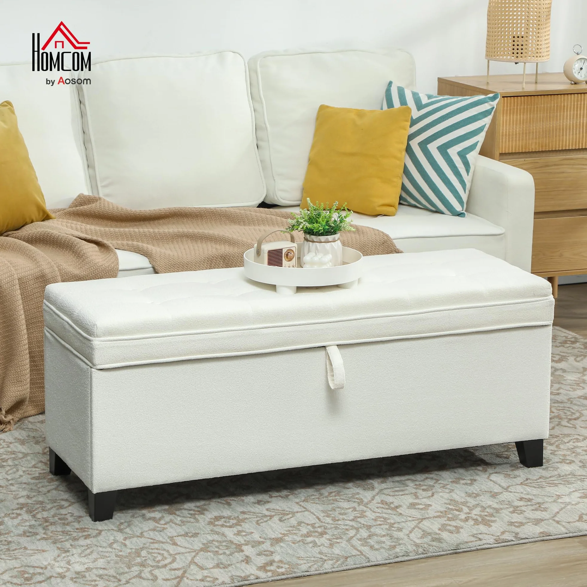 HOMCOM Panca portaoggetti 112L Panca da letto Cassapanca portaoggetti con seduta imbottita, tessuto di lino per soggiorno, camera da letto, ingresso, 120 x 40 x 48 cm, crema