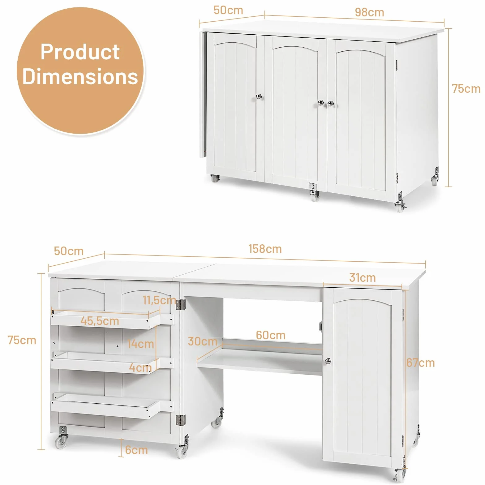 GIANTEX 2 in 1 Mobiletto Cucito Tavolo Cucire Pieghevole con Ruote Armadio Legno Salotto Ufficio 55kg 158,5x50x74cm Bianco