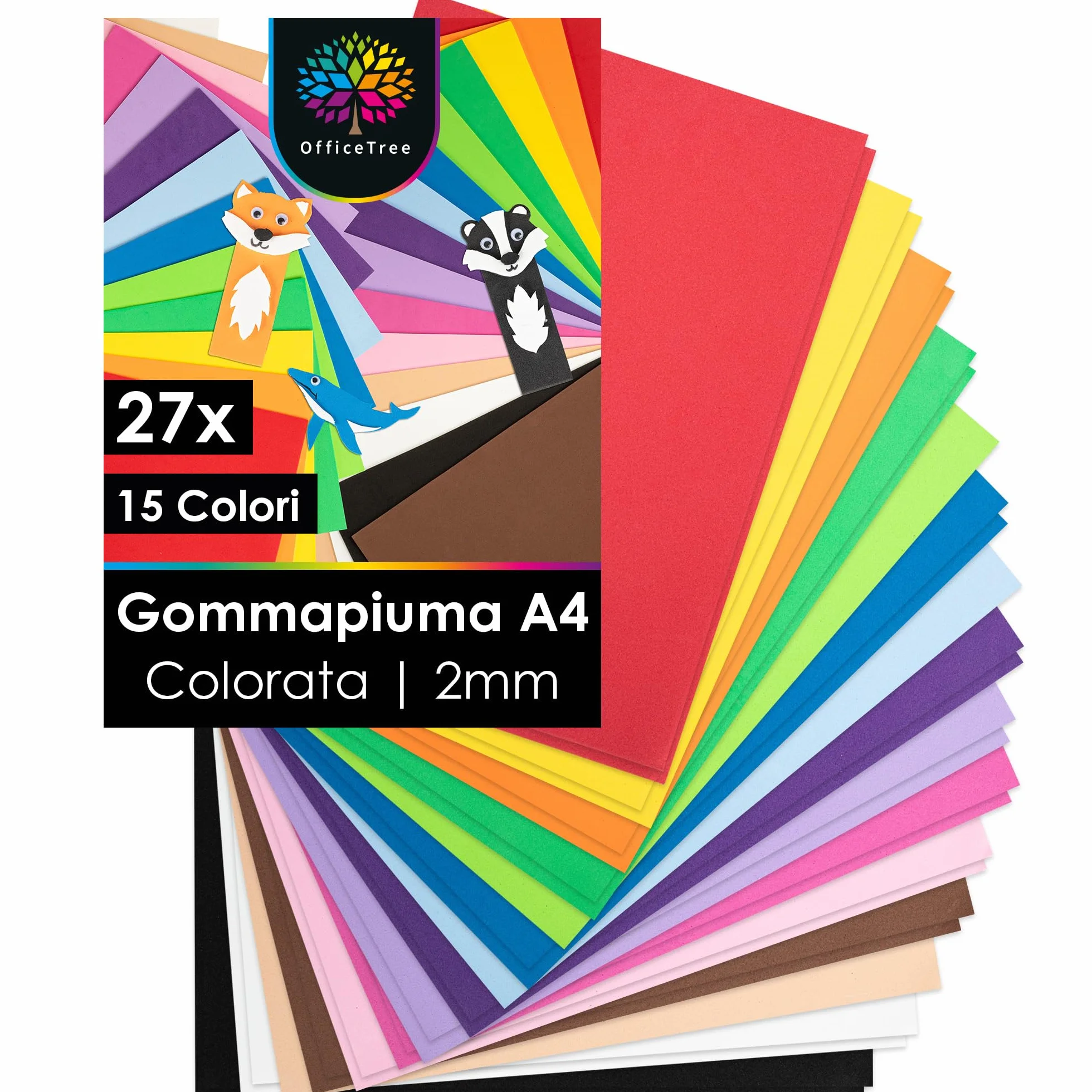 OfficeTree Gomma EVA Fogli A4 2mm 15 Colori - Gomma Crepla non Autoadesivo per Hobby Creativo