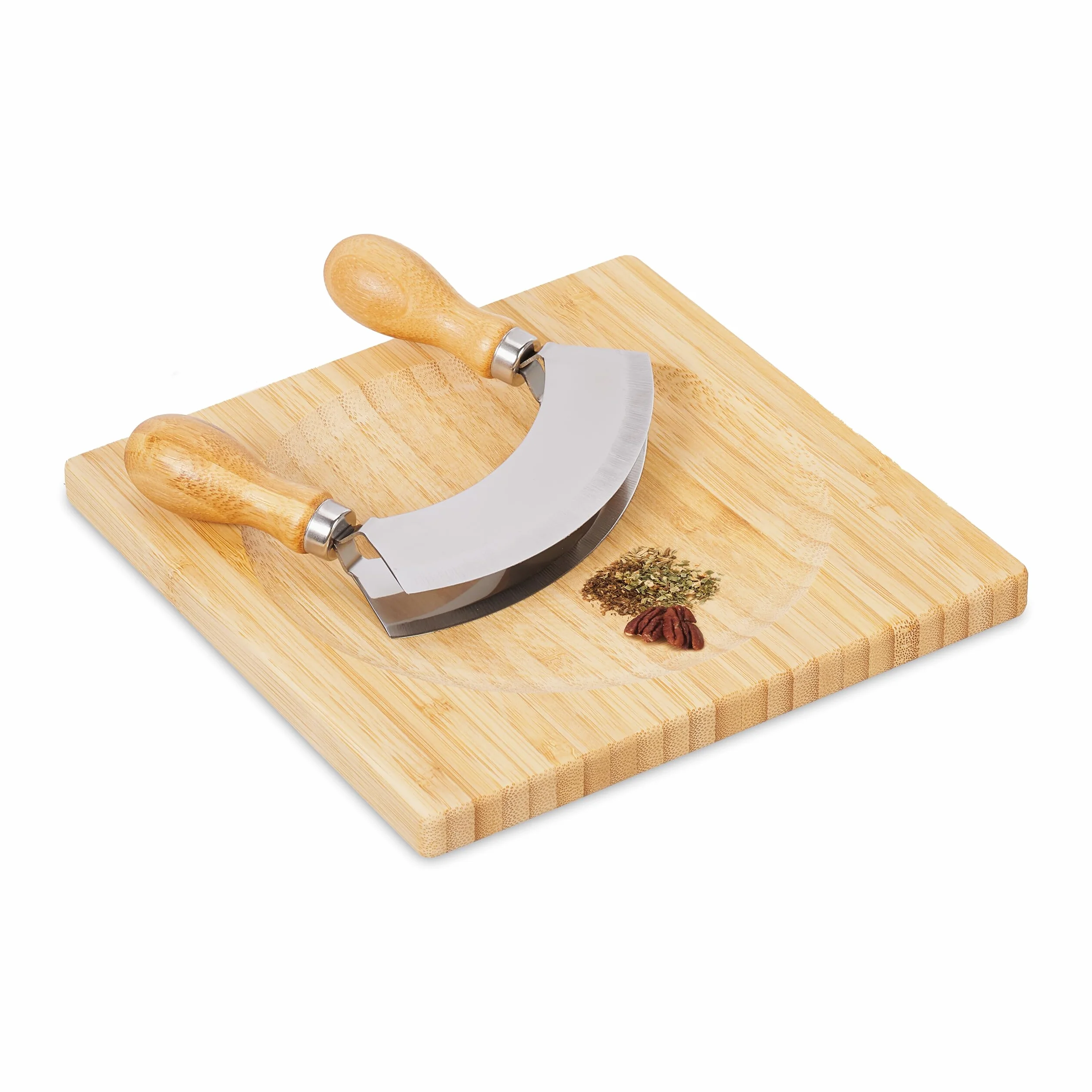 Relaxdays Mezzaluna con Tagliere 20 x 20 cm, Coltello a Doppia Lama Trita Erbe, Acciaio Inox e bambù, Naturale Argentato