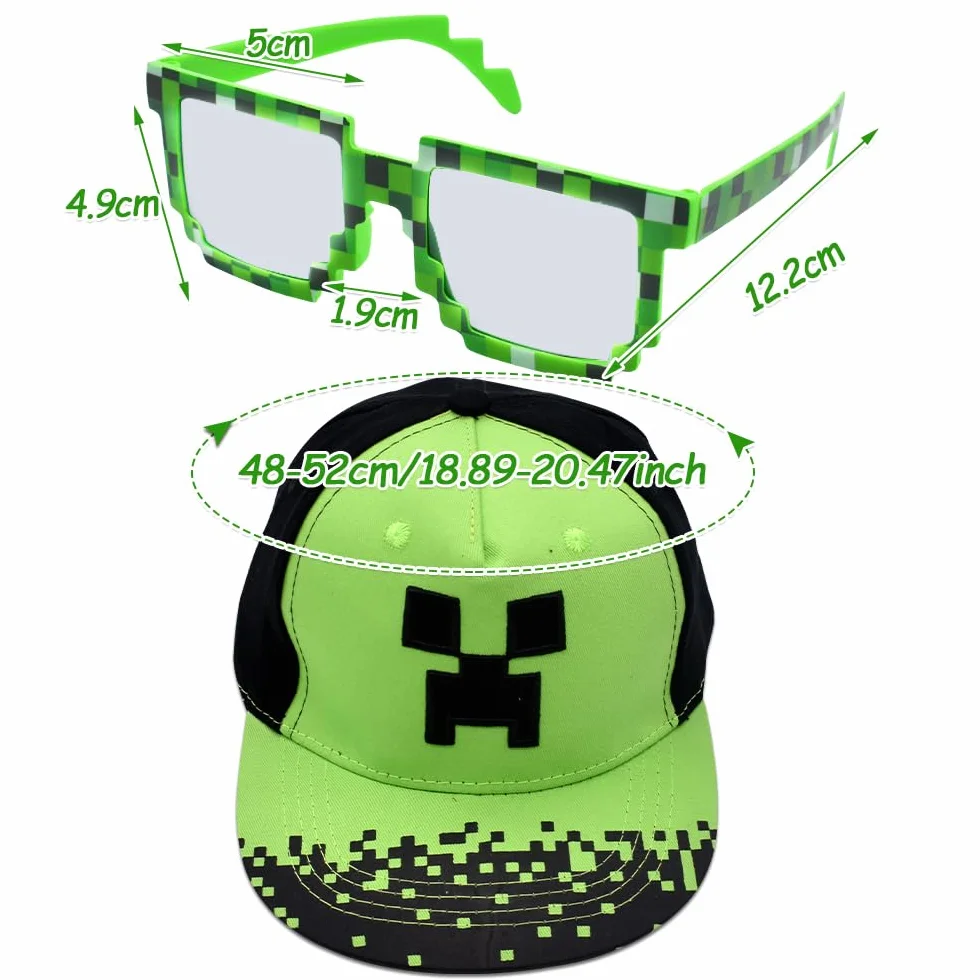 Minecraft Cappellino Baseball 2PCS Cappello da Sole Occhiali da Sole Berretto Cartoni Protezione Solare Cotone Regolabile Set Bambini