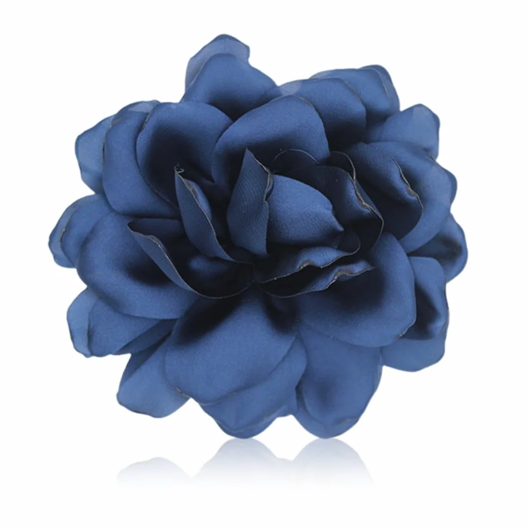 Spilla Fiore Rosa in Raso di Seta per Abiti, Spilla da Bavero Floreale Grande, Fermaglio Capelli Donna, Elegante per Matrimonio Festa Danza (Blu Scuro)