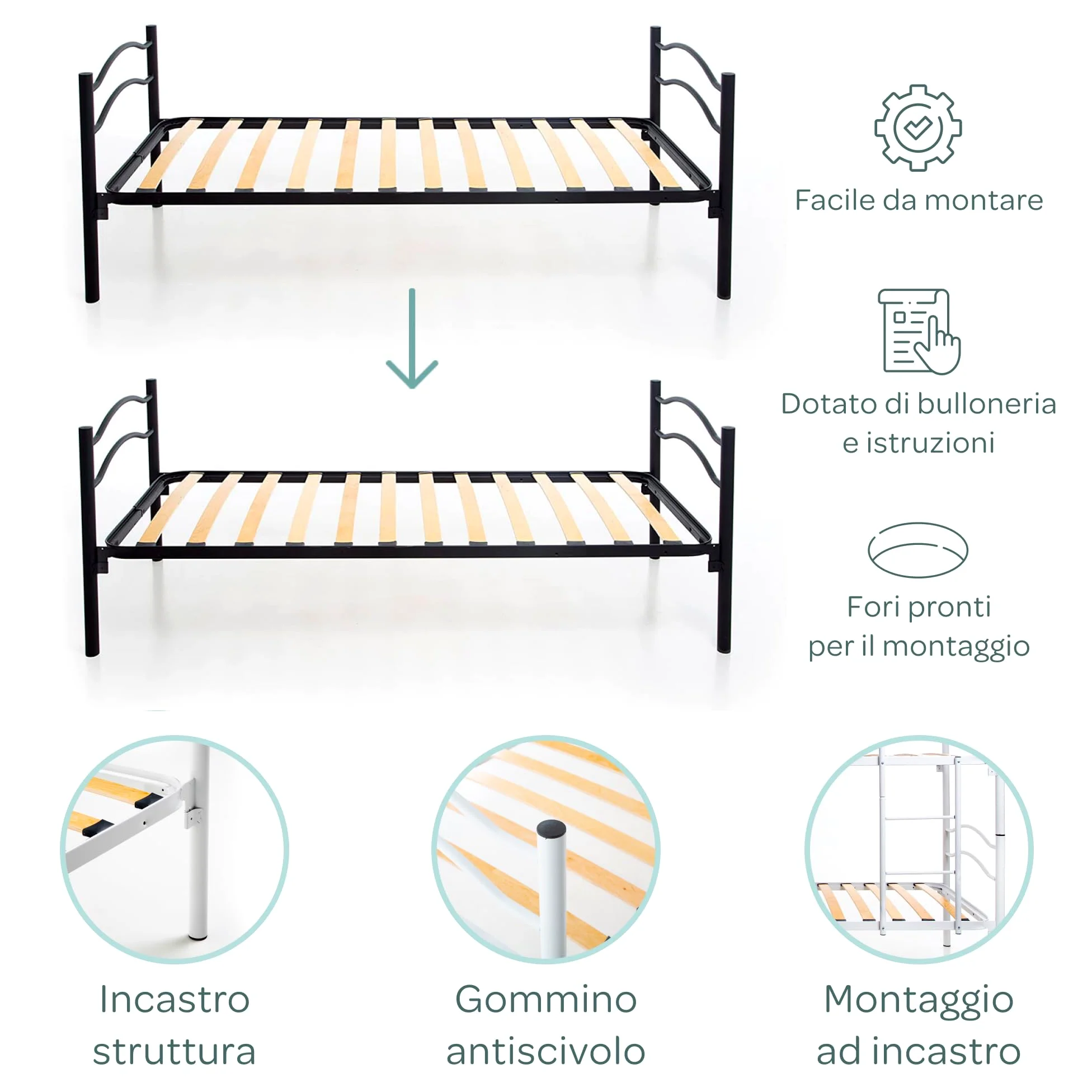 DOLCI SOGNI Letto a Castello per Adulti e Bambini Scomponibile in 2 Letti Singoli (Struttura + Materasso E Cuscino Nero)