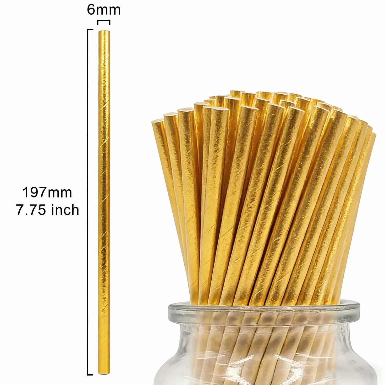 Dorata Cannucce in Carta Usa e Getta, 19,7 x 0,6 cm, 100 Pezzi Biodegradabili Metallizzata Cannucce Oro per Feste, Matrimoni, Compleanni, Occasioni, Cocktail
