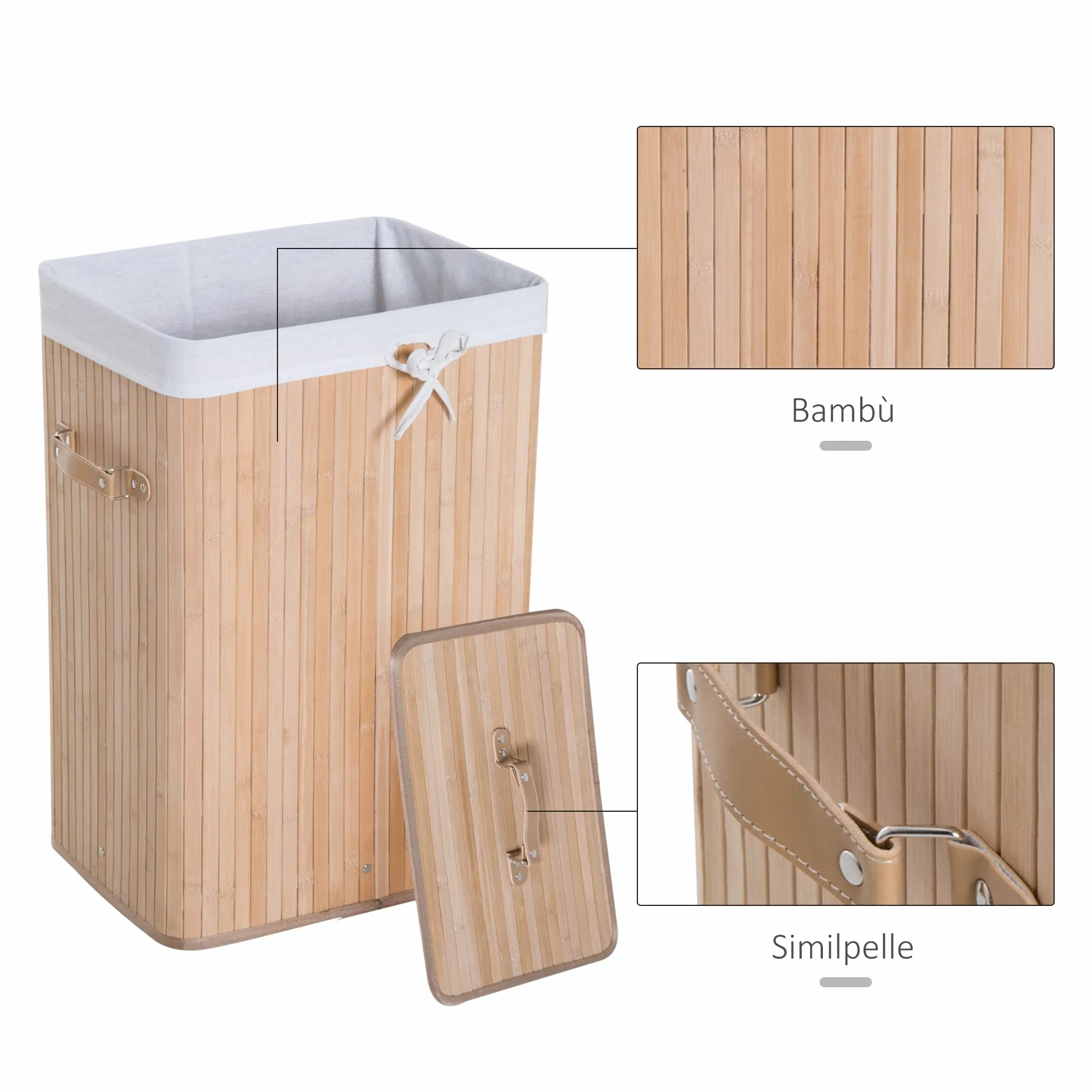 HOMCOM Cesto Portabiancheria in Bambù con Coperchio, Cestino per Biancheria con Sacco in Tessuto Rimovibile, 40x30x60cm, Naturale