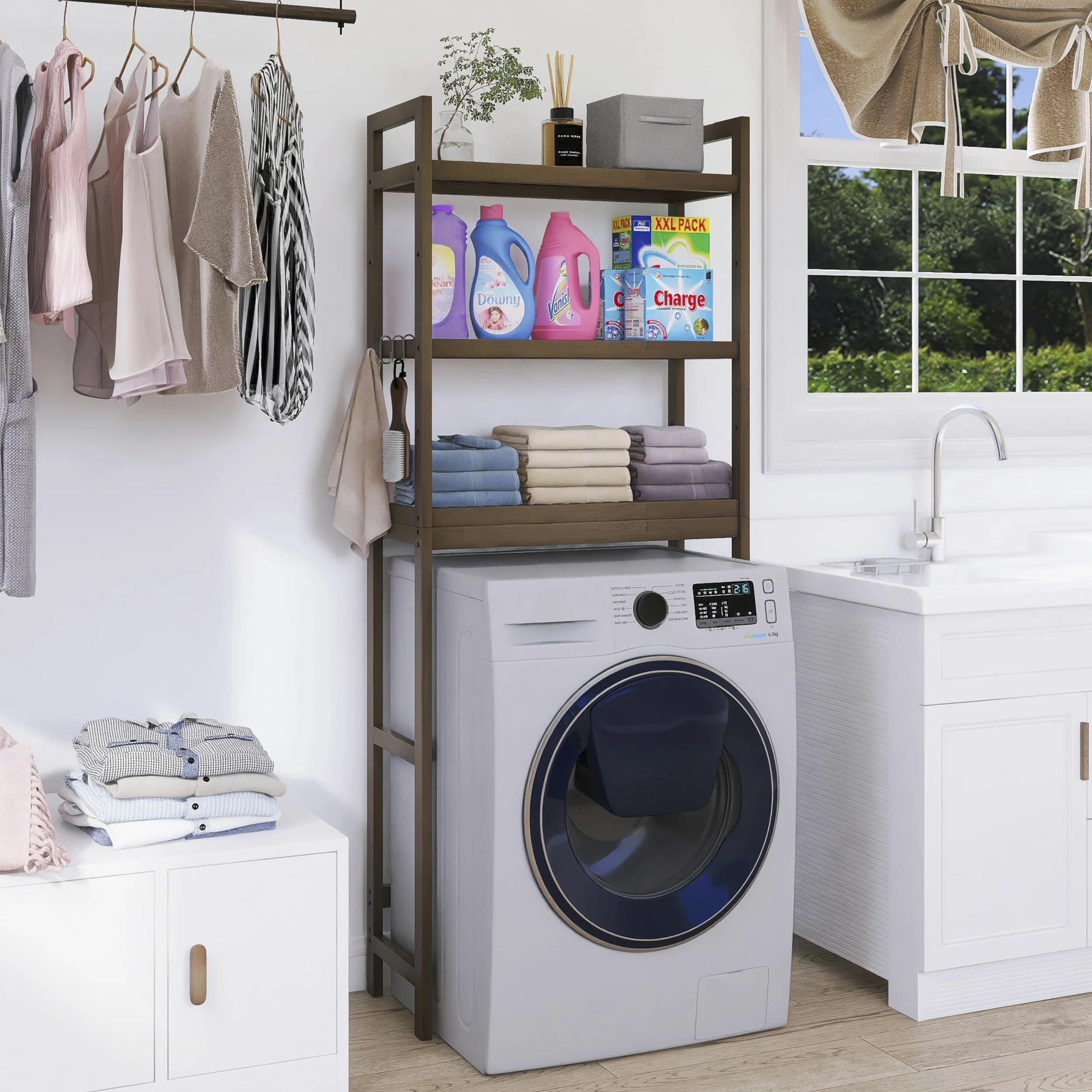 SMIBUY Mensola portaoggetti per bagno, portaoggetti in bambù sopra il WC, salvaspazio per WC indipendente con ripiani regolabili a 3 livelli (Noce)