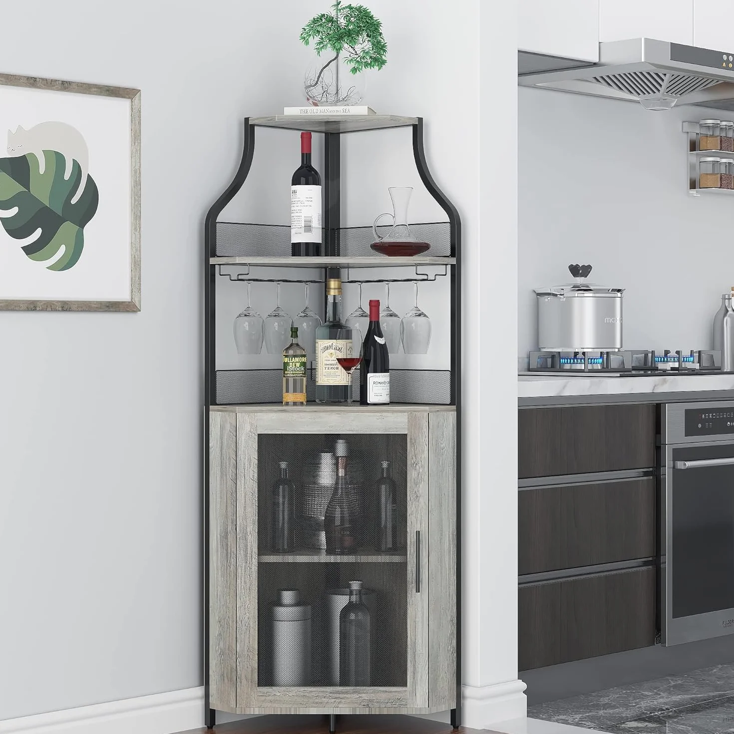 Armadietto angolare in legno con 2 supporti in vetro, armadio ad angolo con ante in metallo e 4 ripiani, cucina con superficie di lavoro, mobili da bar per ingresso, soggiorno, cucina (152 x 90 x 32