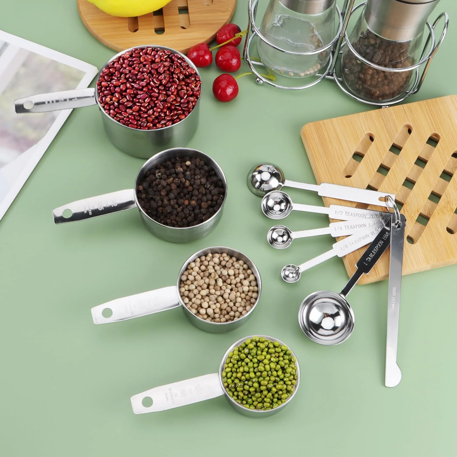 10pz Acciaio Inossidabile Misurare tazze e Cucchiai Dosatori Misurini Cucina in Acciaio Inox 304 Cucchiai Graduati Measuring Spoons Cucchiaio Dosatore per Dolci Ingredienti Cottura