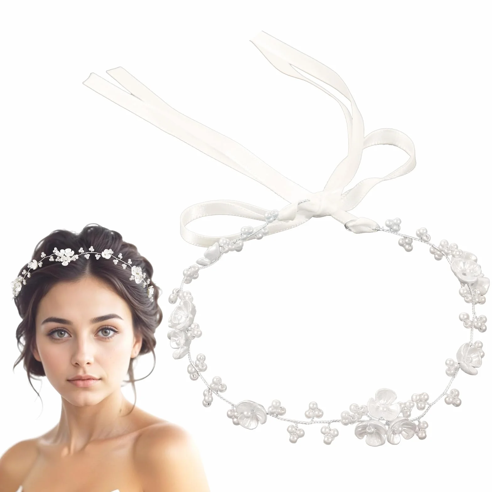 Accessorio per capelli da sposa con perle e fiori, bianco