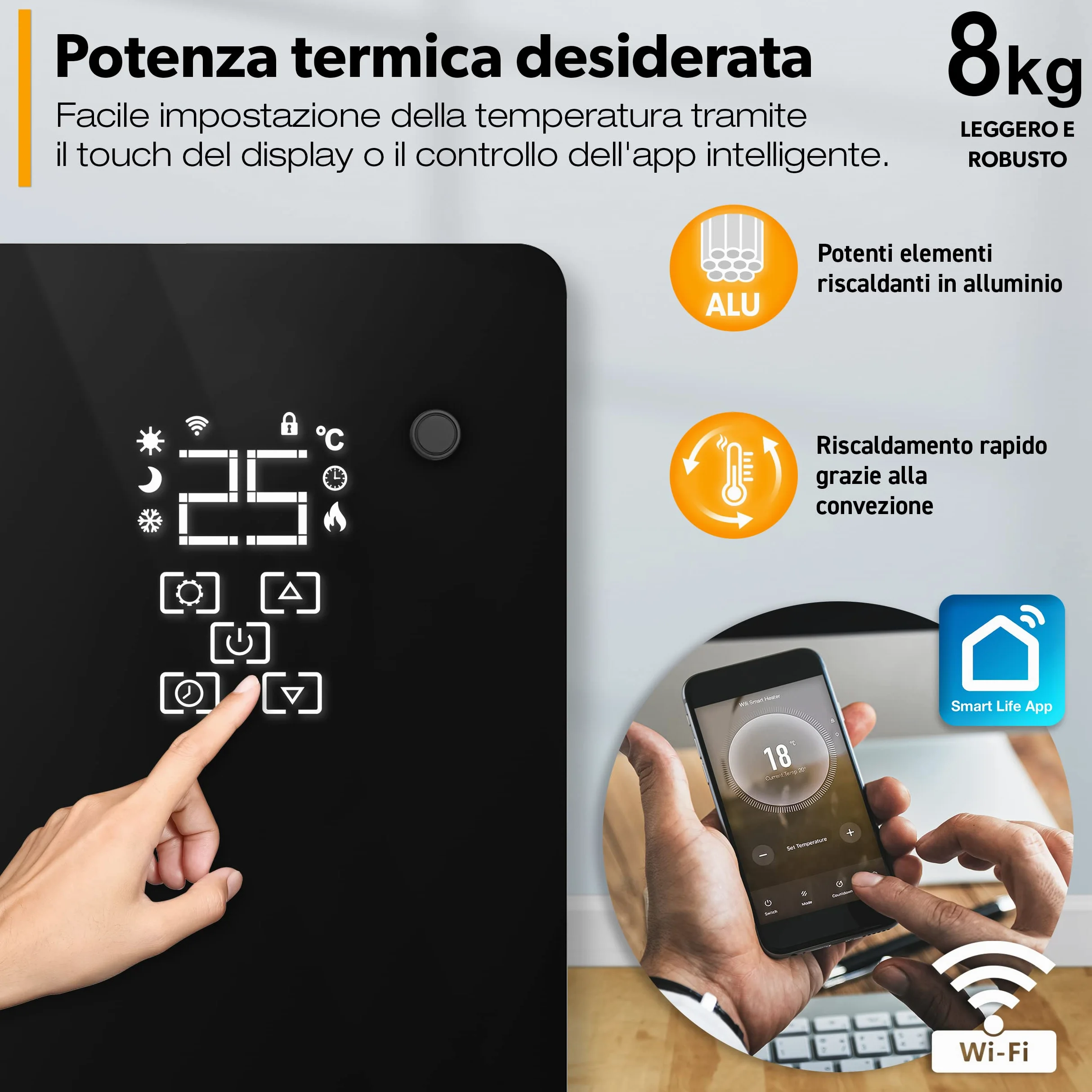 TRESKO Stufa Elettrica Basso Consumo 2000W - Wifi & APP | Stufa Elettrica basso consumo | Termoconvettore con Rotelle | Termosifone Elettrico Portatile | Termoconvettore a Parete con Termostato