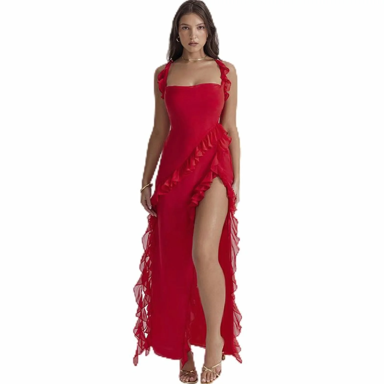 Abito da Donna Sexy con Bretelle Alte e Sottili con Fessura Alta