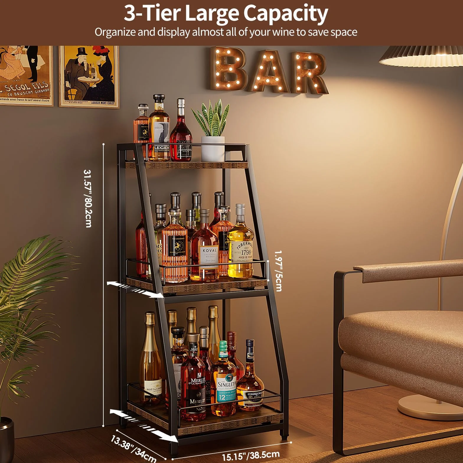 Nuovoware Mobile per Liquori 3 Livelli Mini Bar, Scaffale Vino Terra Whisky, Scaffale Angolare Bottiglie Liquore Recinzione Cassetto Scorrimento per Casa, Cucina, il soggiorno Sala da Pranzo, Nero