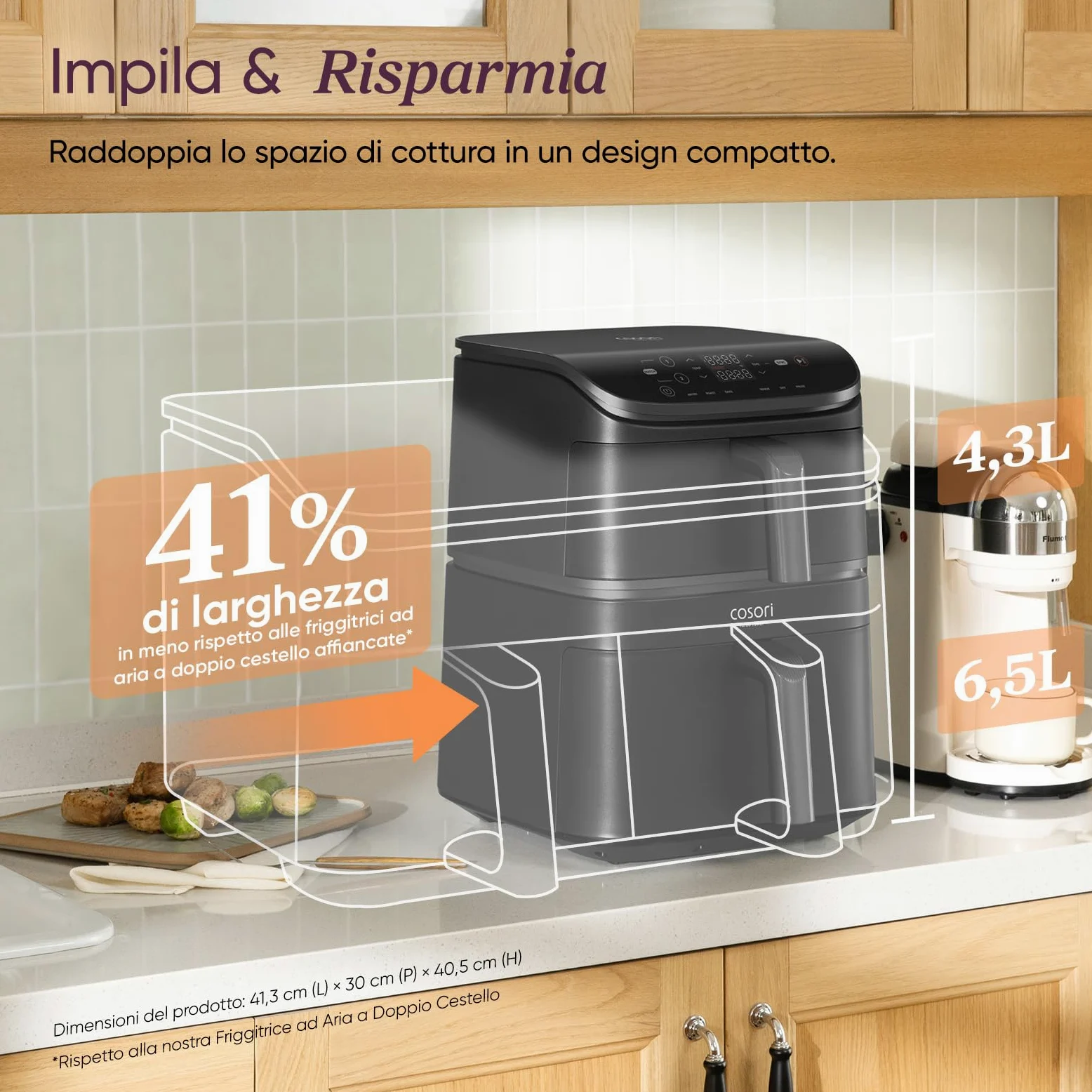 COSORI Turbo Tower Friggitrice ad Aria 10,8L con Cestelli Verticali, Cottura Salvaspazio a 3 Livelli, 2630W, 6 Funzioni, 2 Motori DC, 50+ Ricette Complete Online,CAF-DC111,Grigio