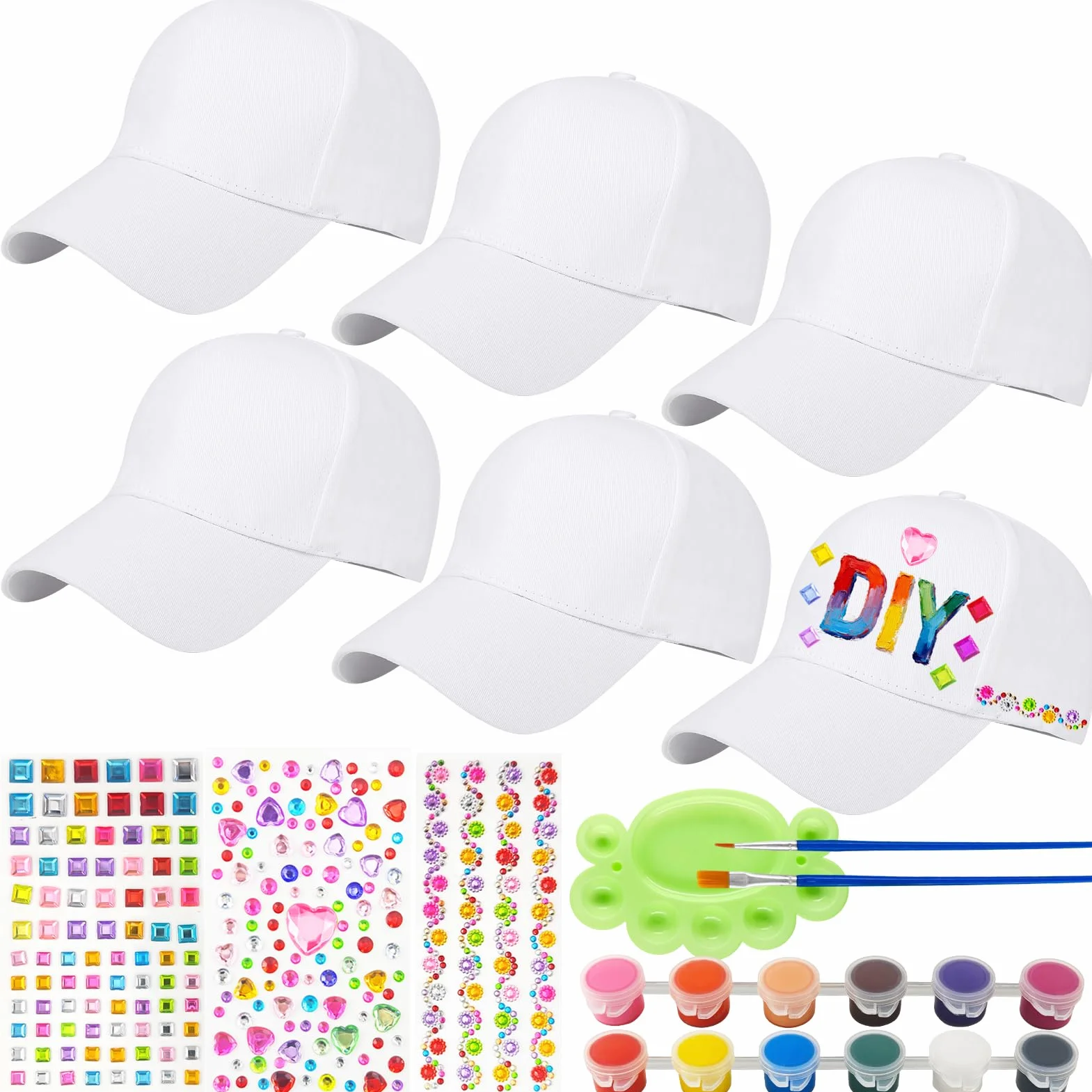 Cappellini da Baseball per Bambini, Berretto Graffiti Fai da Te Bianco, Cappello con Visiera Regolabile 6 Pezzi