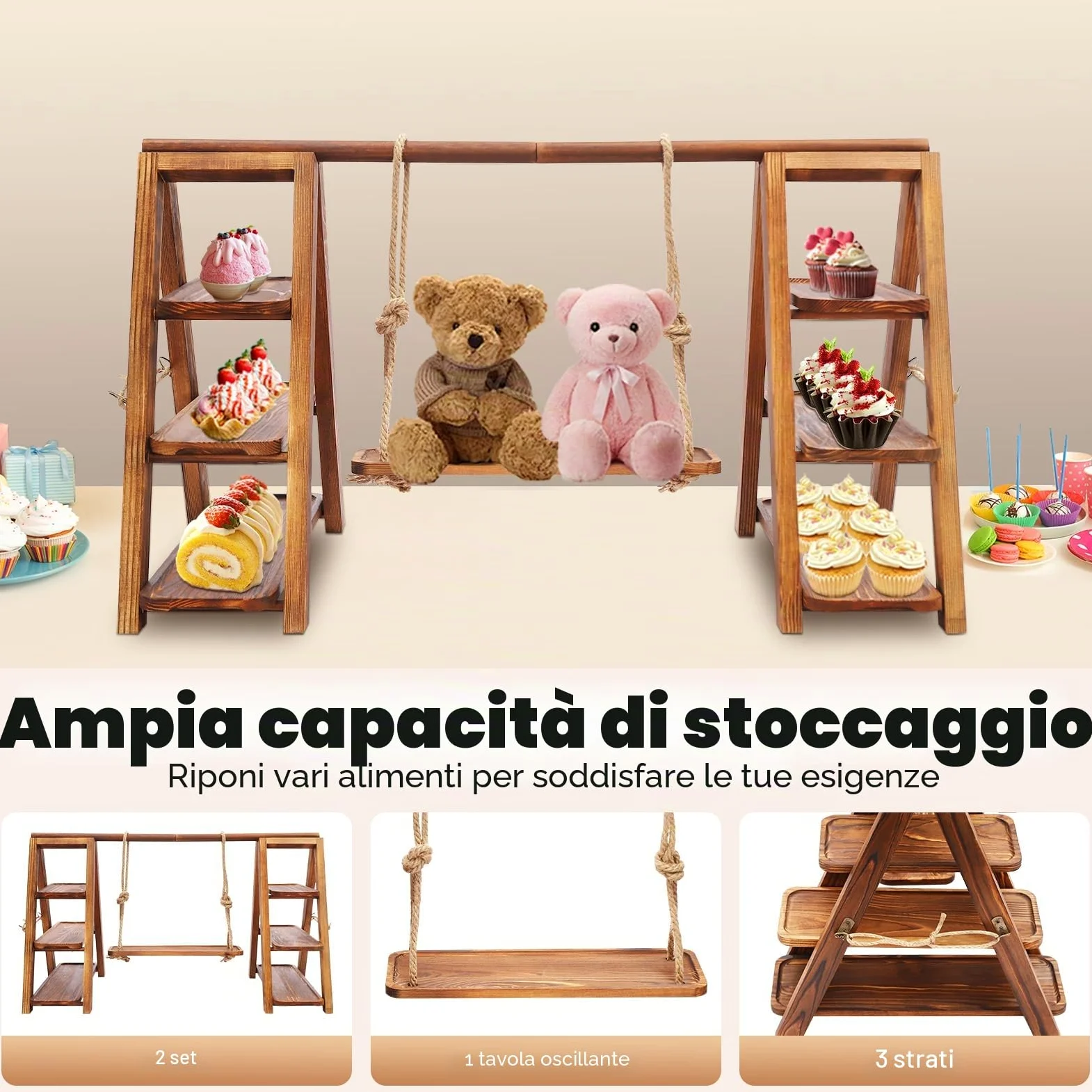 Supporto per cupcake a 3 ripiani in legno, presentazione da dessert regolabile per cupcake, snack e frutta, supporto decorativo per feste con design a dondolo