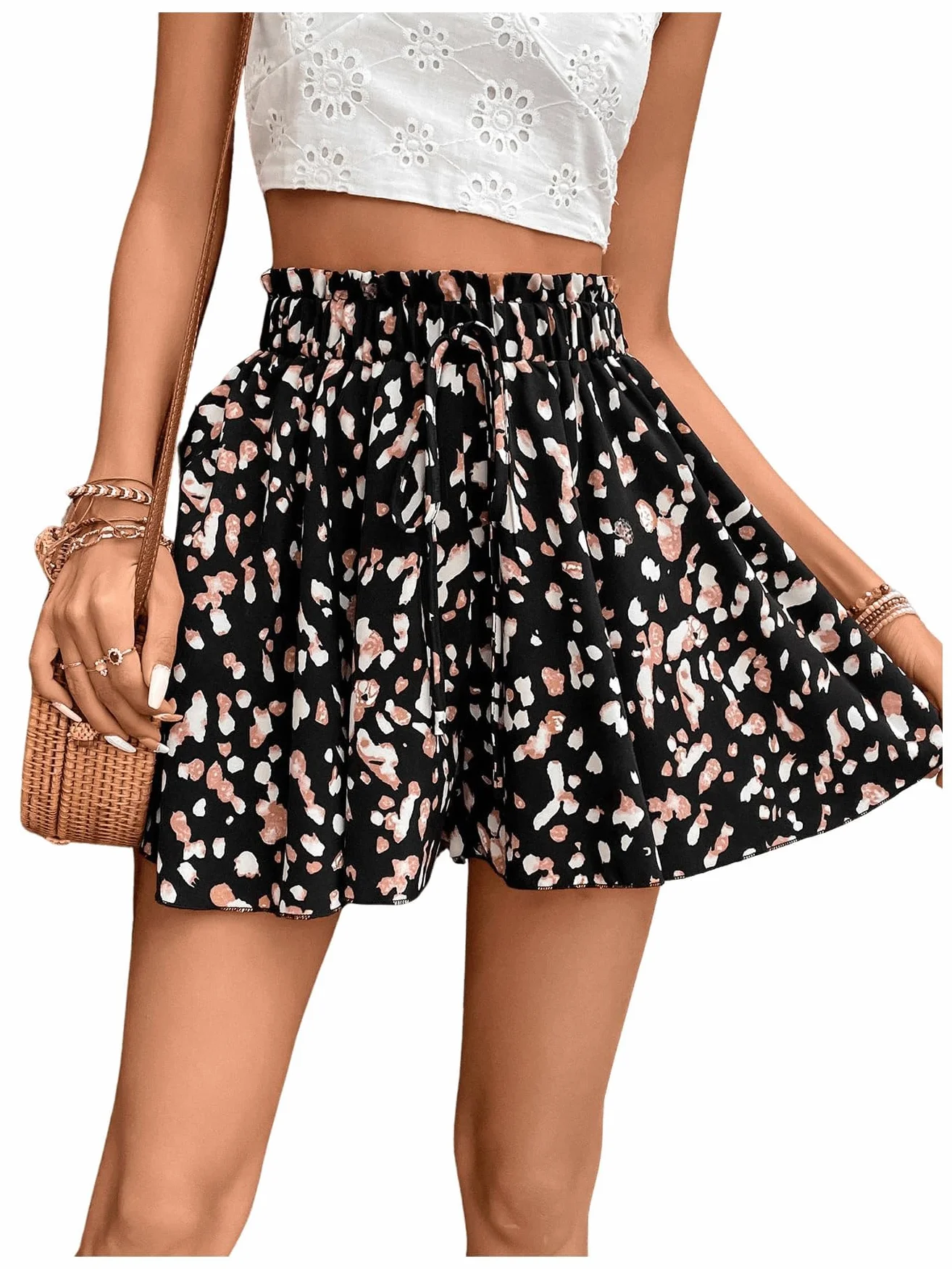 Pantaloncini Donna Estivi Boho Casual Larghi Shorts Donna Leggero Pantaloni Corti a Gamba Larga Elasticizzata Eleganti Vita Alta Spiaggia,