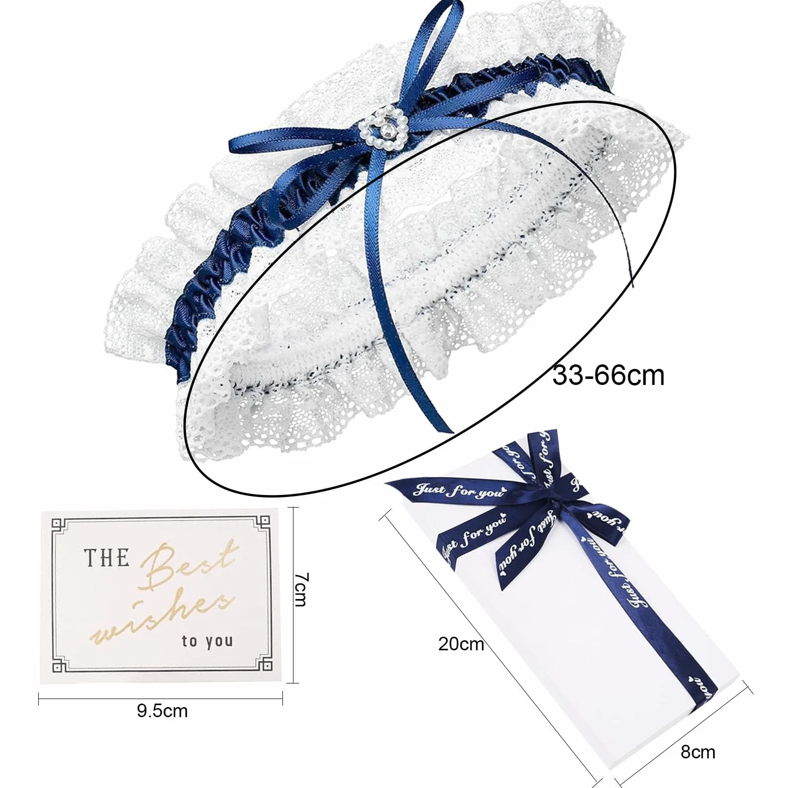 Giarrettiera da Sposa in Blu per Il Matrimonio, Nastro Decorato con Pzzo, Fiocco e Un Cuore Nobile Fatto di Bbrillantini, Regalo Giarrettiere Sposa, Fatto a Mano