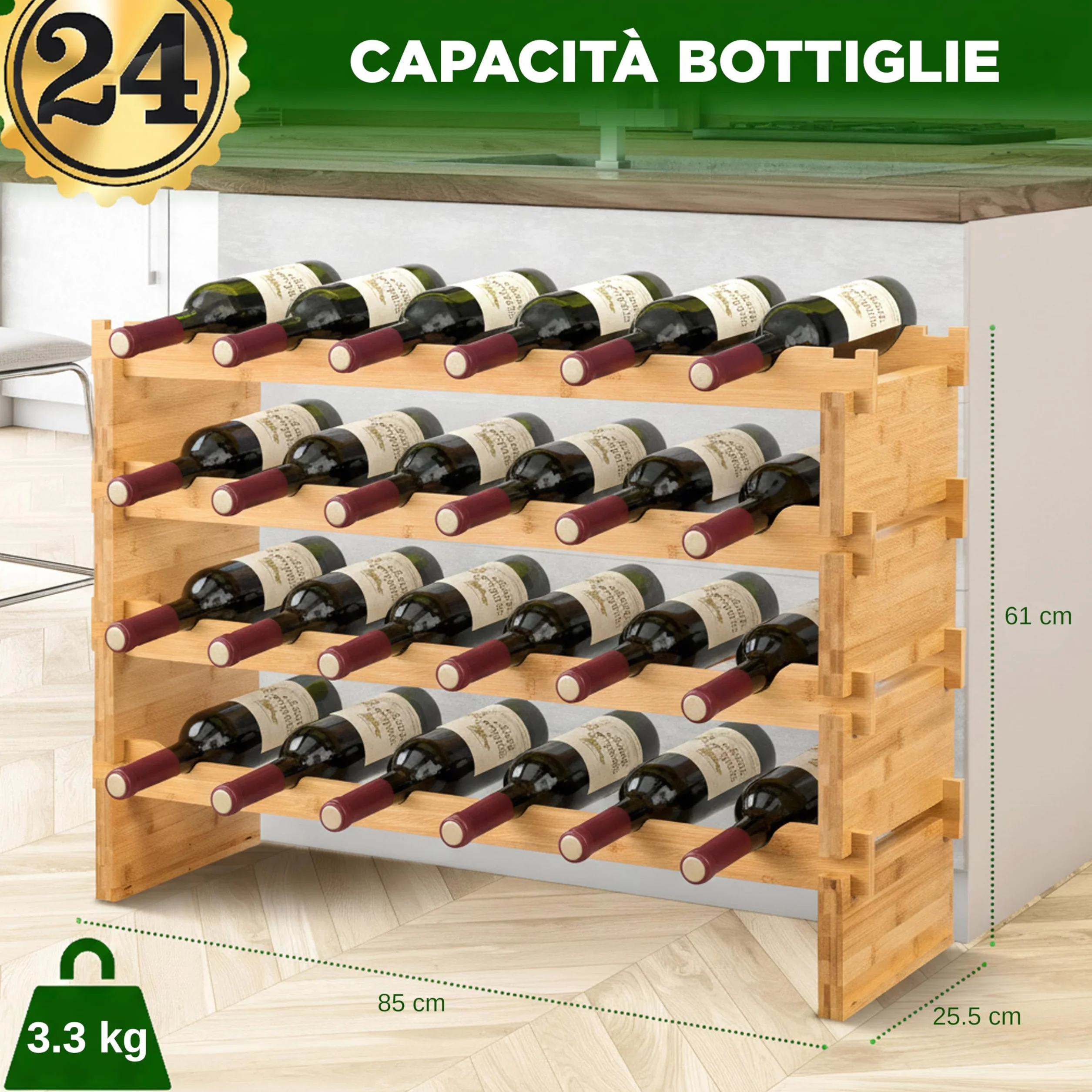 NutriChef Portabottiglie Vino Modulare in Bambù, Cantinetta Vino Legno Impilabile a 4 Ripiani per 24 Bottiglie Formato Magnum (Diametro 10 cm), Design a Croce 2x