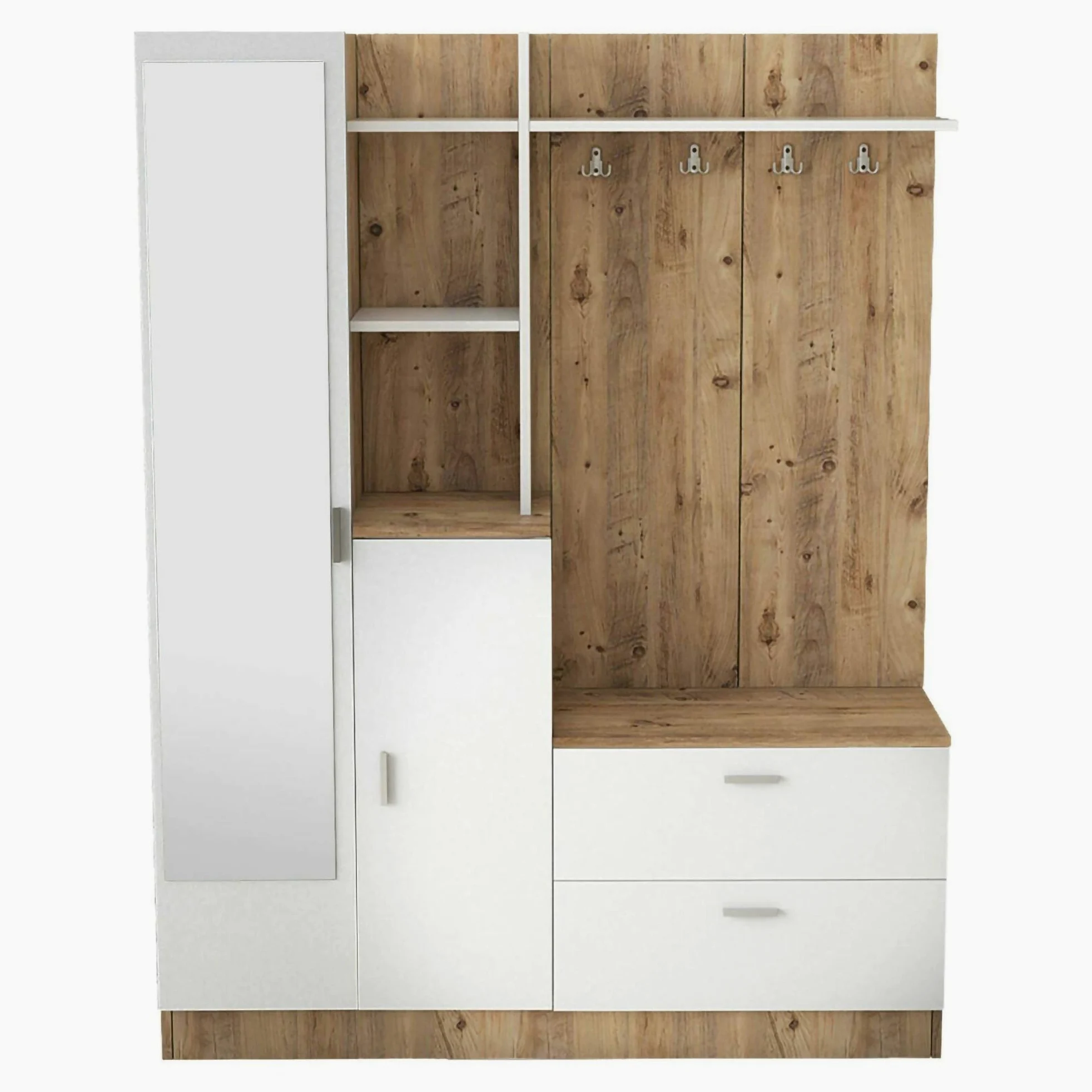 Dmora Mobile da Ingresso Homam, Entratina Appendiabiti, Composizione per atrio, Consolle portaoggetti Multifunzione, 140x37h182 cm, Quercia e Bianco