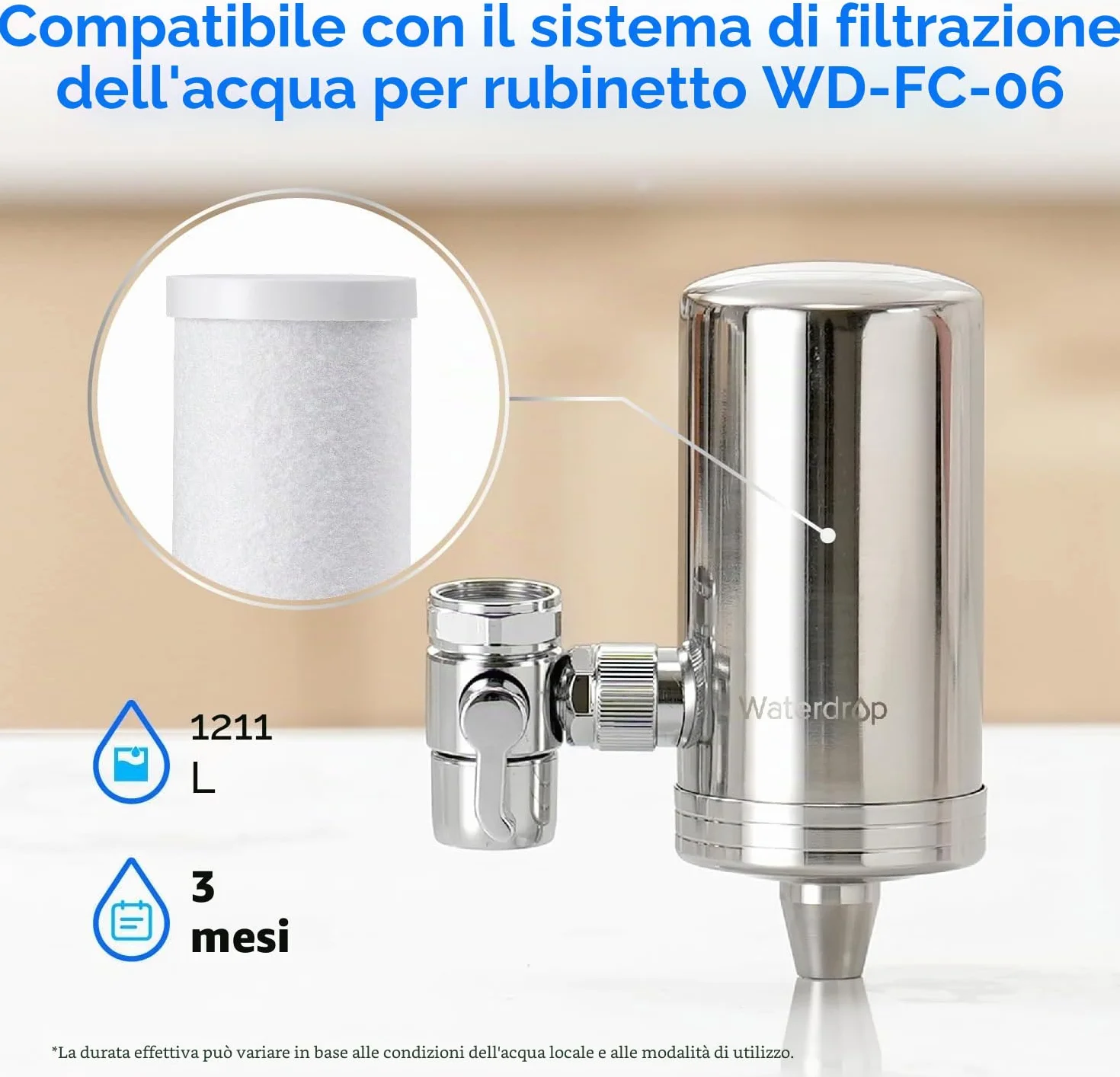 Waterdrop WD-FF-03A Filtro Sostitutivo per Rubinetto, Riduce Cloro e Cattivo Sapore, Confezione da 3