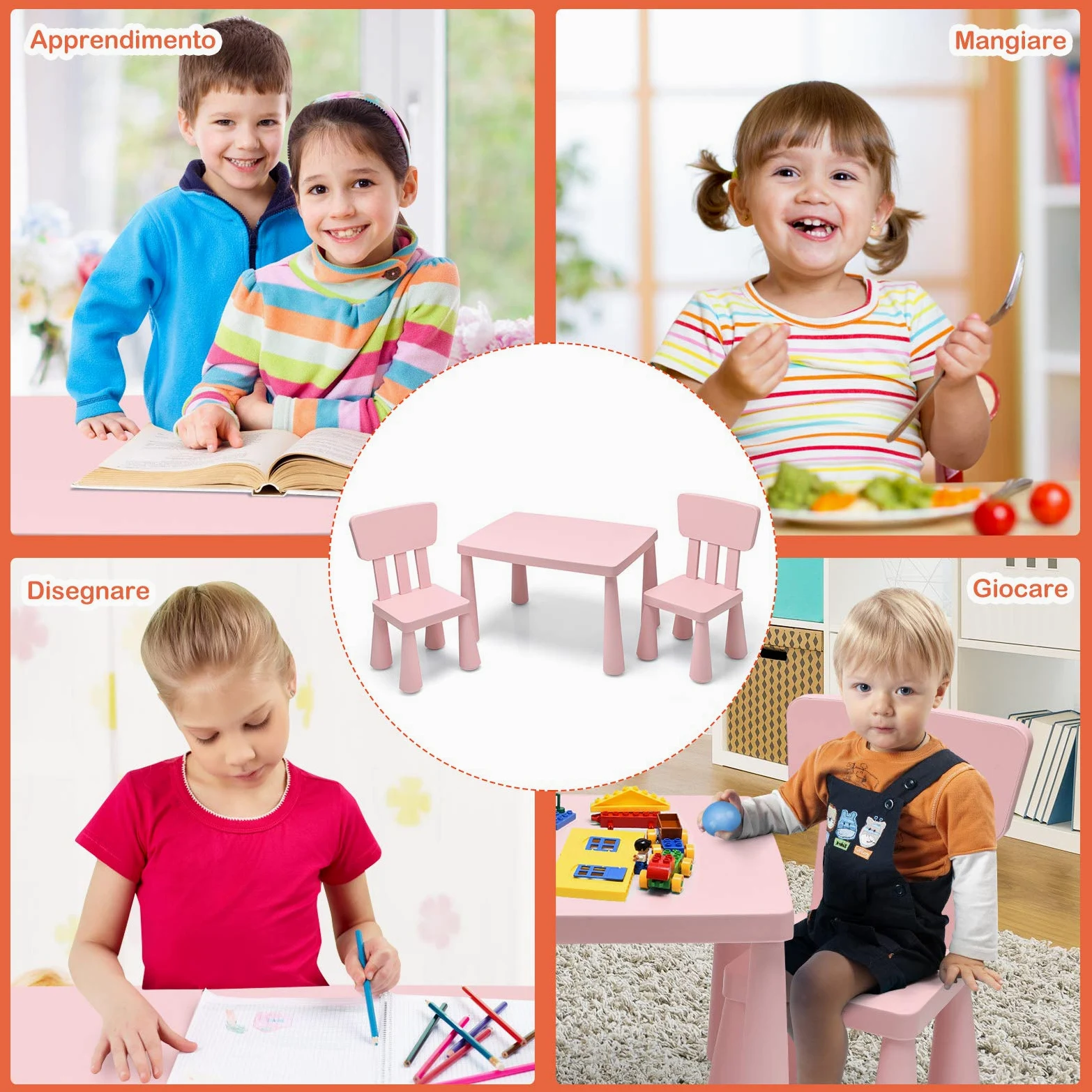 COSTWAY Set Tavolo e Sedie per Bambini 1-7 Anni, 2 Sedie Ergonomiche con Schienale, Materiale PP Atossico e Inodore, Angoli Arrotondati, Adatto per Giocare, Disegnare e Leggere, Portata 50kg (Rosa)