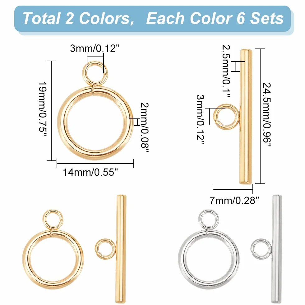 PH PandaHall 12 Sets Fermagli a Levetta Gioielli in 304 Acciaio Inossidabile, 2 Colori Fermagli T-Bar Chiusura Anello Connettori per Bracciali Collane Creazione di Gioielli