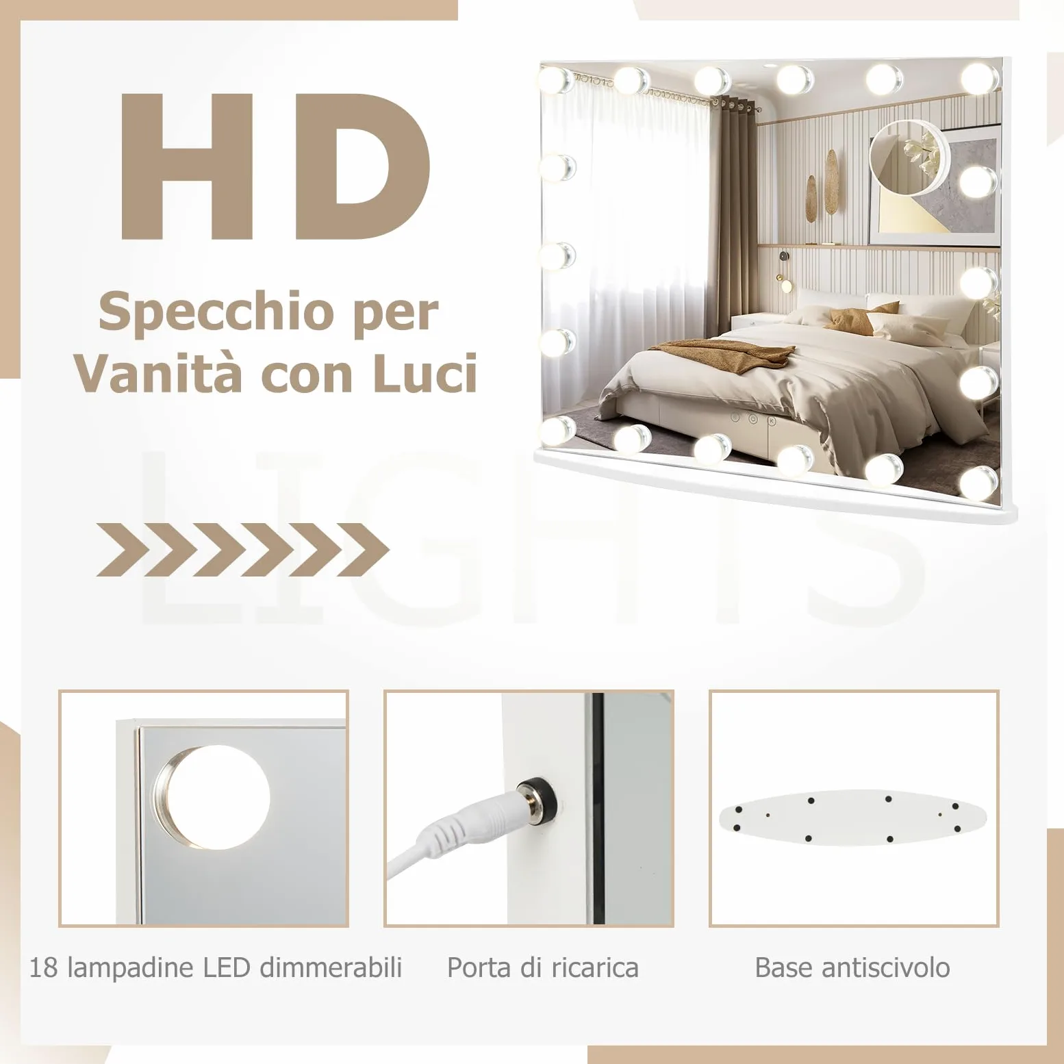 RELAX4LIFE Specchio Trucco con Luci 65 x 52,5 cm, Specchio Cosmetico da Parete/Tavolo con 18 Lampadine, 3 Colori di Luce, 4 Luminosità Regolabile, Touch Screen, per Camera da Letto (65 x 52,5 cm)