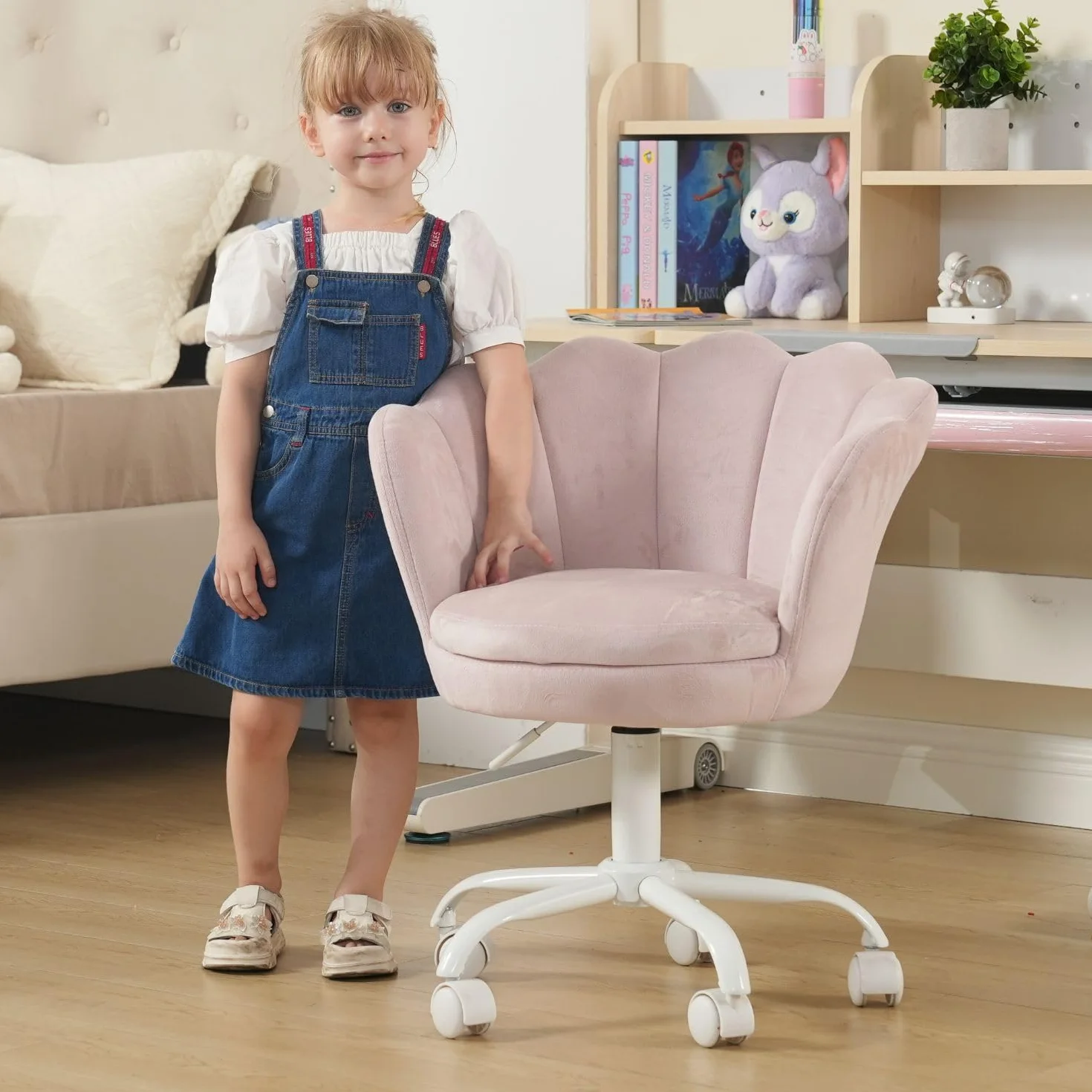 Wahson Sedia da Scrivania per Bambini Poltrona Girevole in Velluto Regolabile in Altezza Sedia da Studio per Cameretta Ragazza (Rosa Chairo)