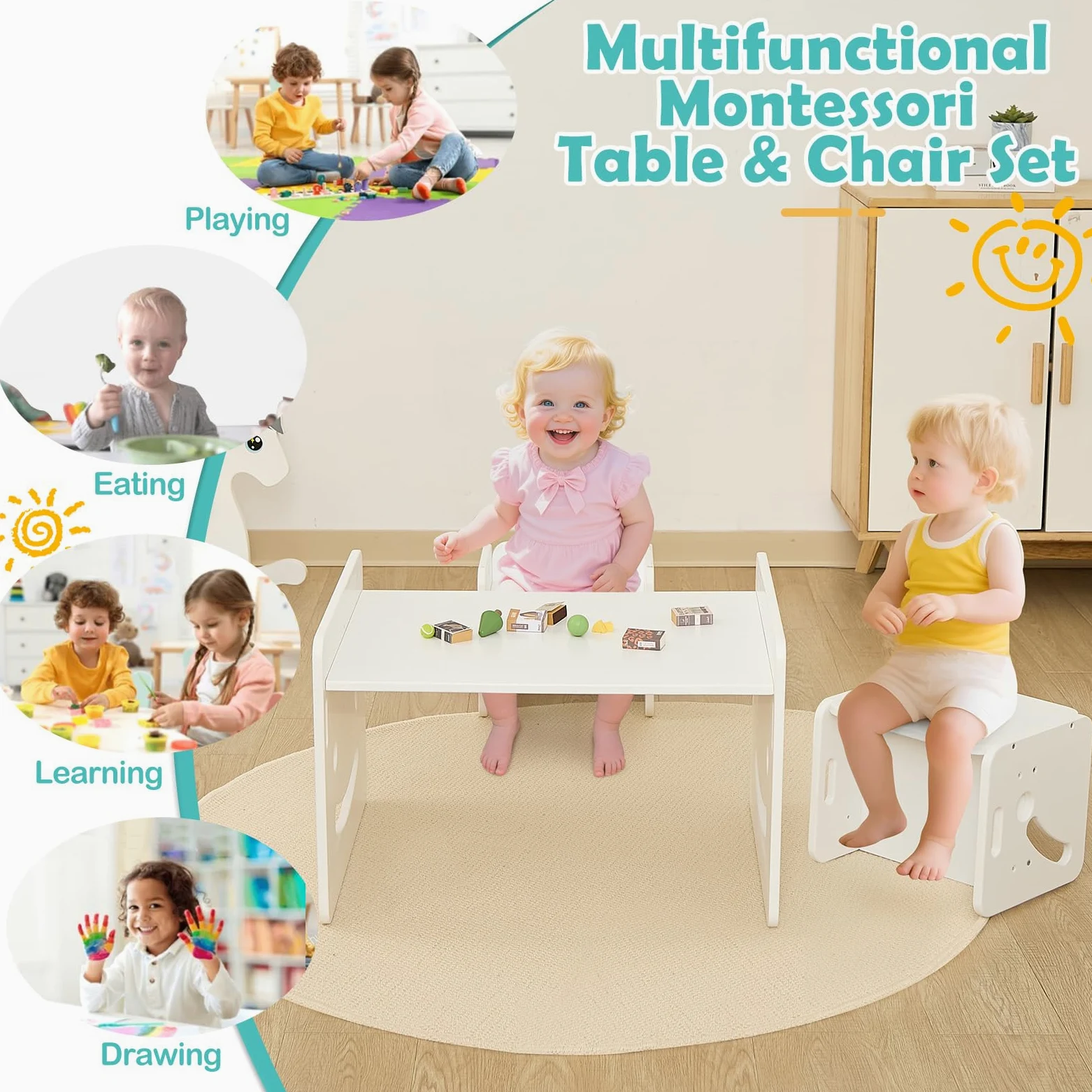 FUNLIO Set Tavolo e 2 Sedia Montessori per Bambini 1-3 Anni, Altezza Regolabile, Ideale per Leggere/Mangiare/Giocare, Montaggio Semplice, Certificato CPC - Bianco