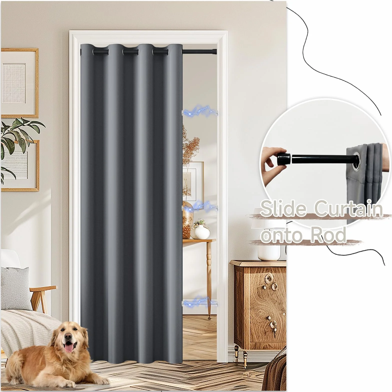 Tenda per Porta Tenda Oscuranti con Asta Telescopica, Tende Termiche Isolanti per Interni, Tende Oscurante Grigio con Anelli per Soggiorno,1 Pezzo 132x195cm, Tenda Grigio