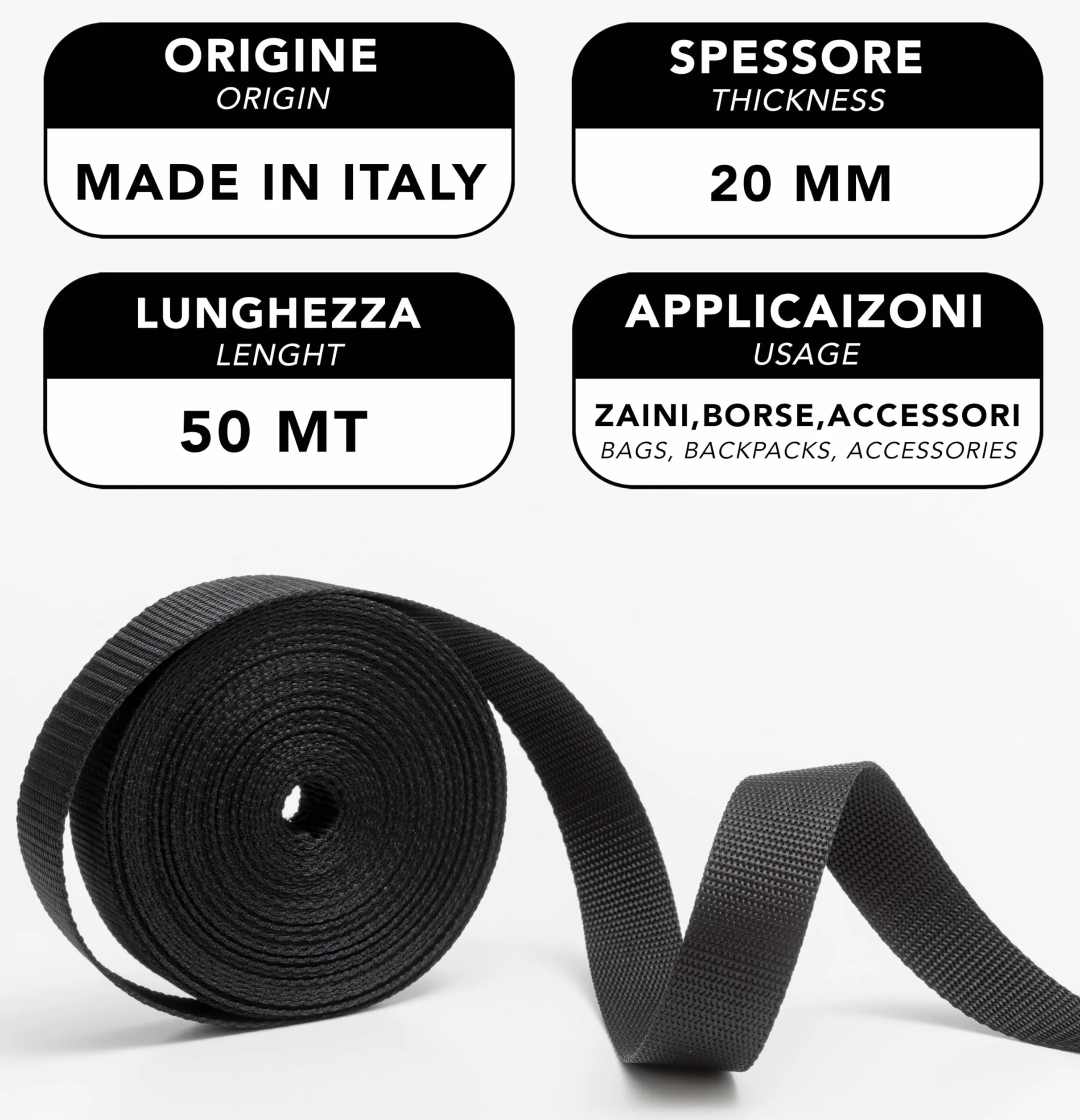 IPEA Cinghia Rigida in Nylon 10 Metri – Corda Cinturino Multiuso 20/25/30/40 mm Nero