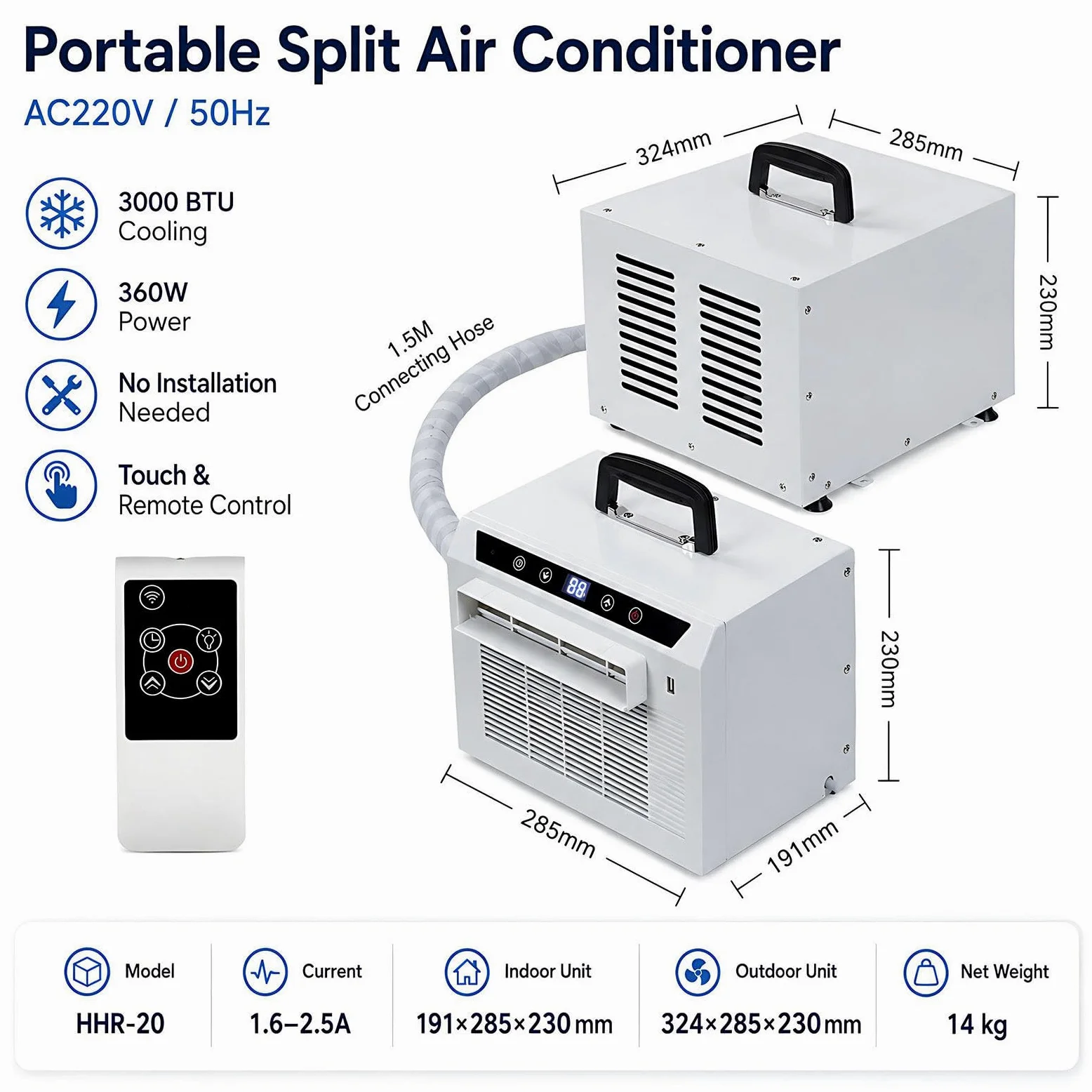 Mini Split Portatile 3000BTU – Silenzioso – Leggero 220V-1.5Metre | Doppio controllo: pannello touch sull'unità + telecomando wireless per massima comodità.
