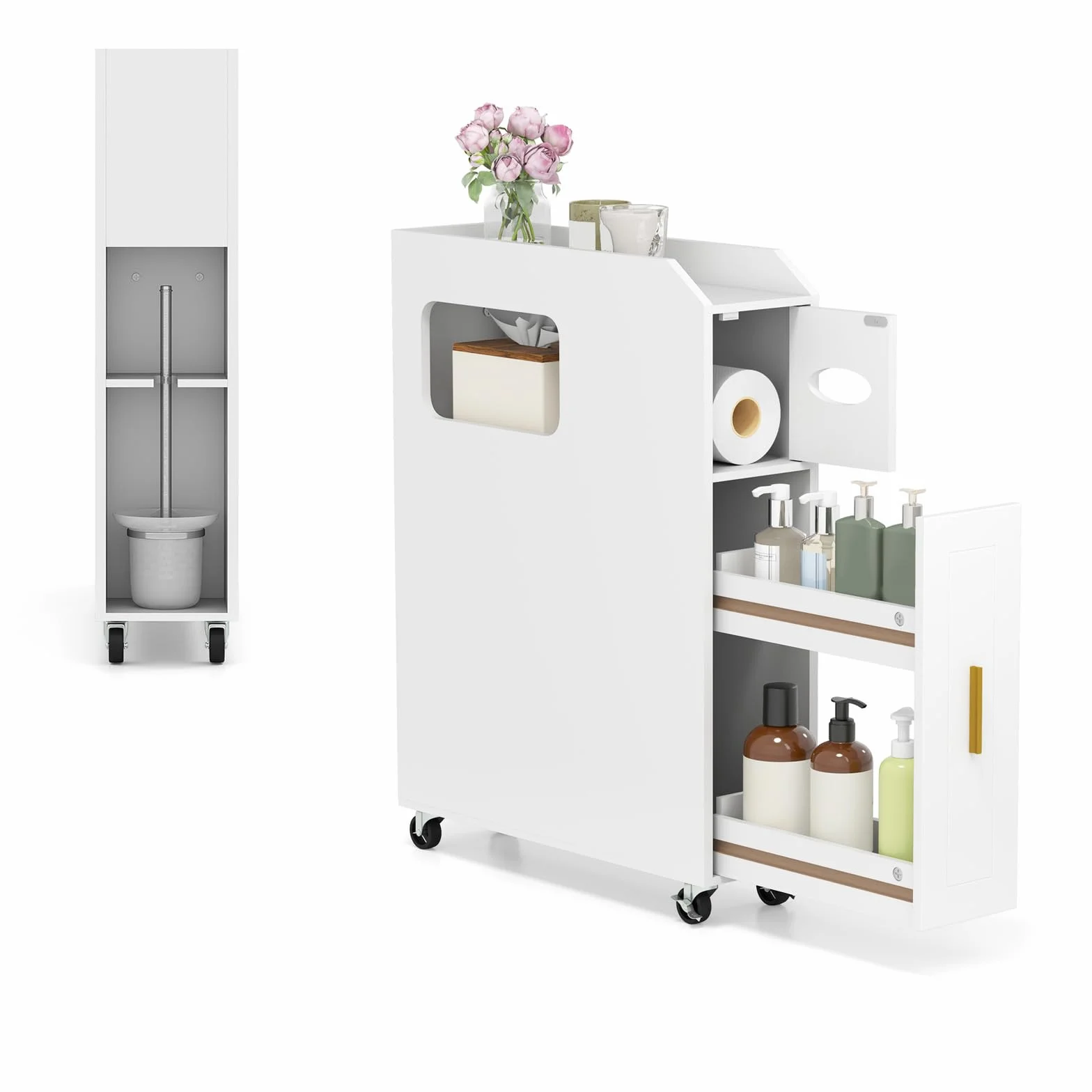 GIANTEX Piccolo Mobile da Bagno 16 cm, Armadietto da Bagno Stretto, Porta Carta, Porta Spazzola, Mobile WC Compatto con Cassetto e Ruote, Organizzazione del Bagno per Spazio Piccolo, Bianco