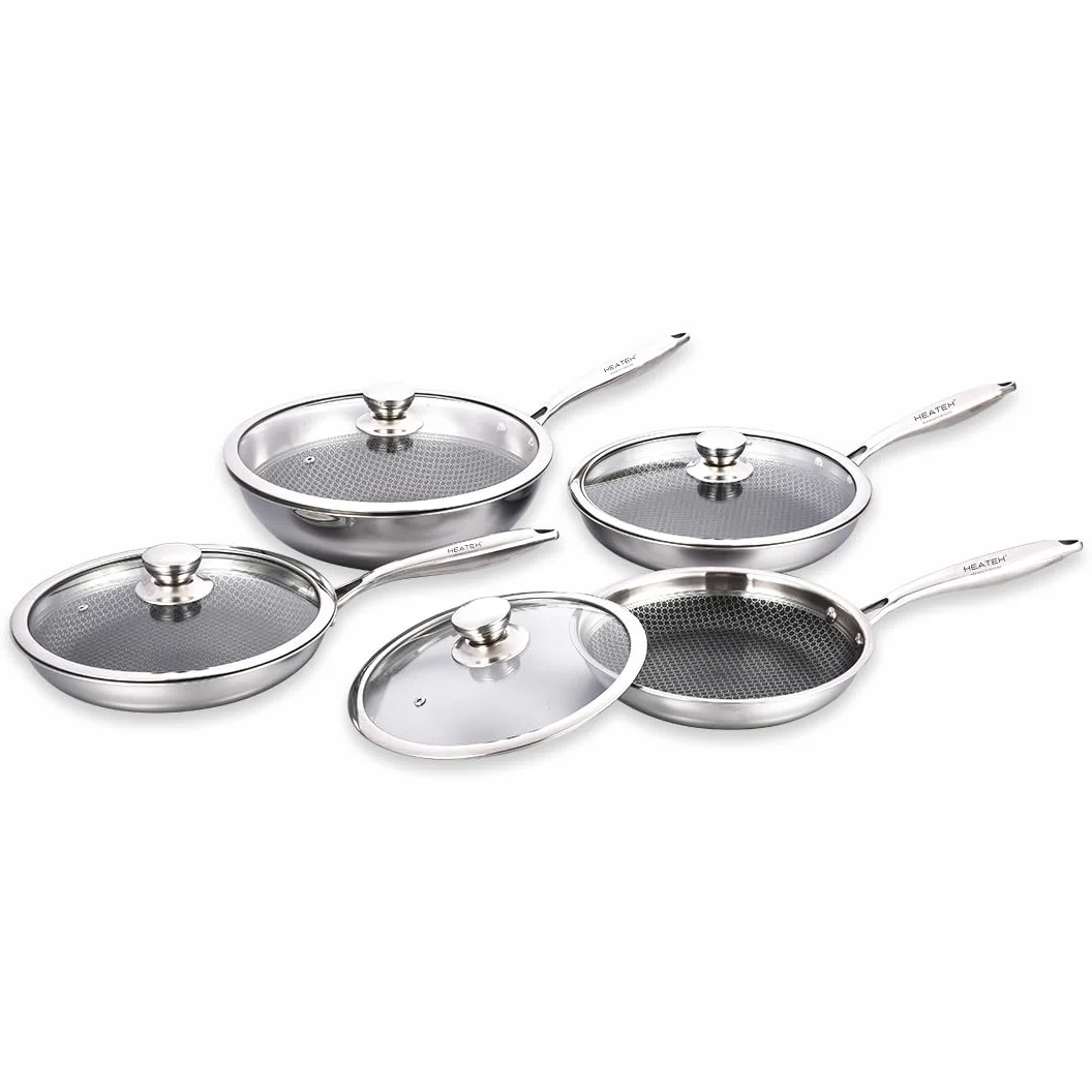 Set di 3 Padelle + Wok | Padella Antiaderente in Acciaio Inox Triplo Strato con Coperchio in Vetro | Antiaderente e Antigraffio | Adatta a tutti i Piani Cottura (HEATEK SET)