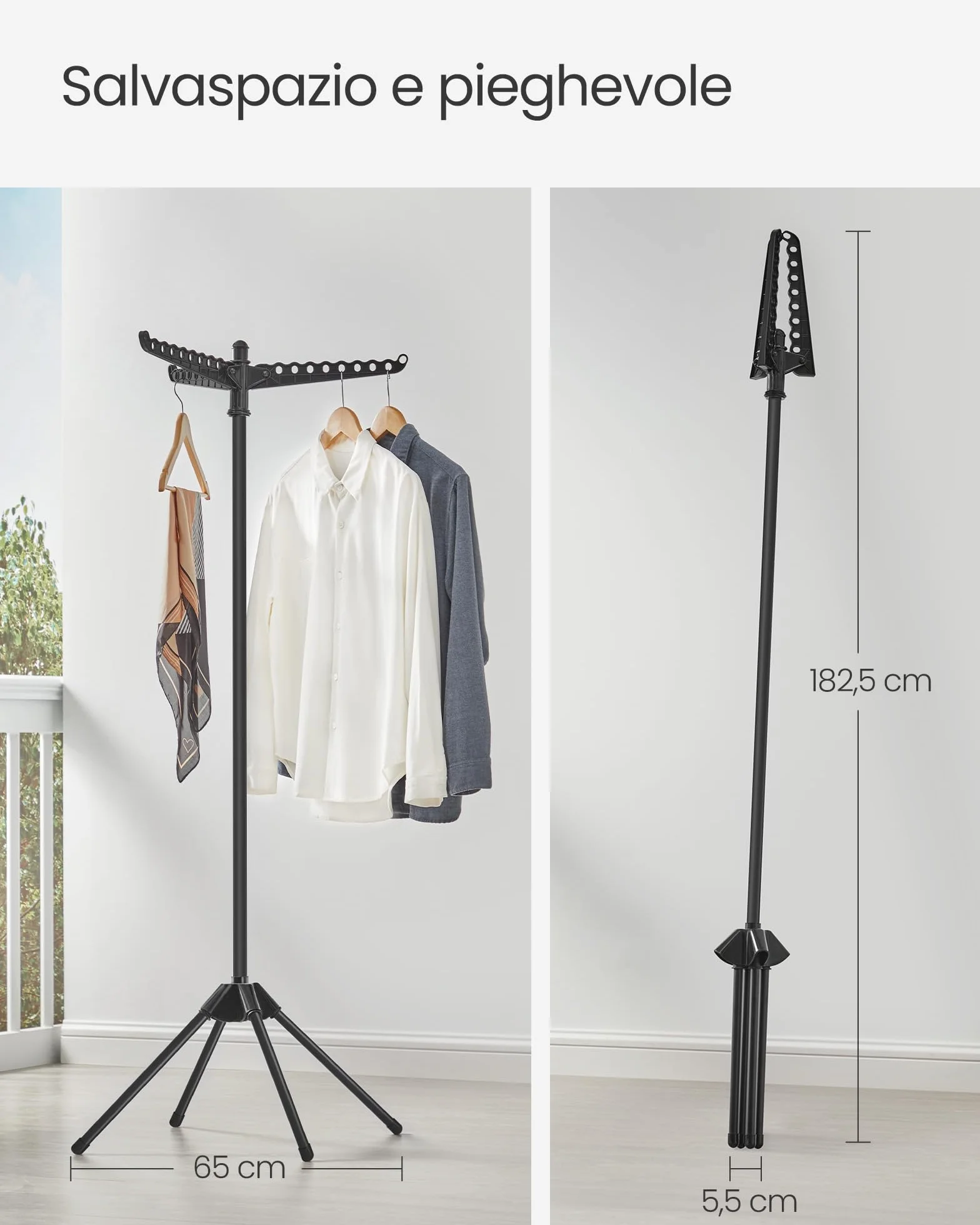 SONGMICS Stendibiancheria Verticale Salvaspazio, Stendino da Terra, 3 Bracci Girevoli, 4 Gambe, per Uso Interno, Acciaio Inossidabile, per fino a 27 Capi, Altezza 150 cm, Nero LLR510B01