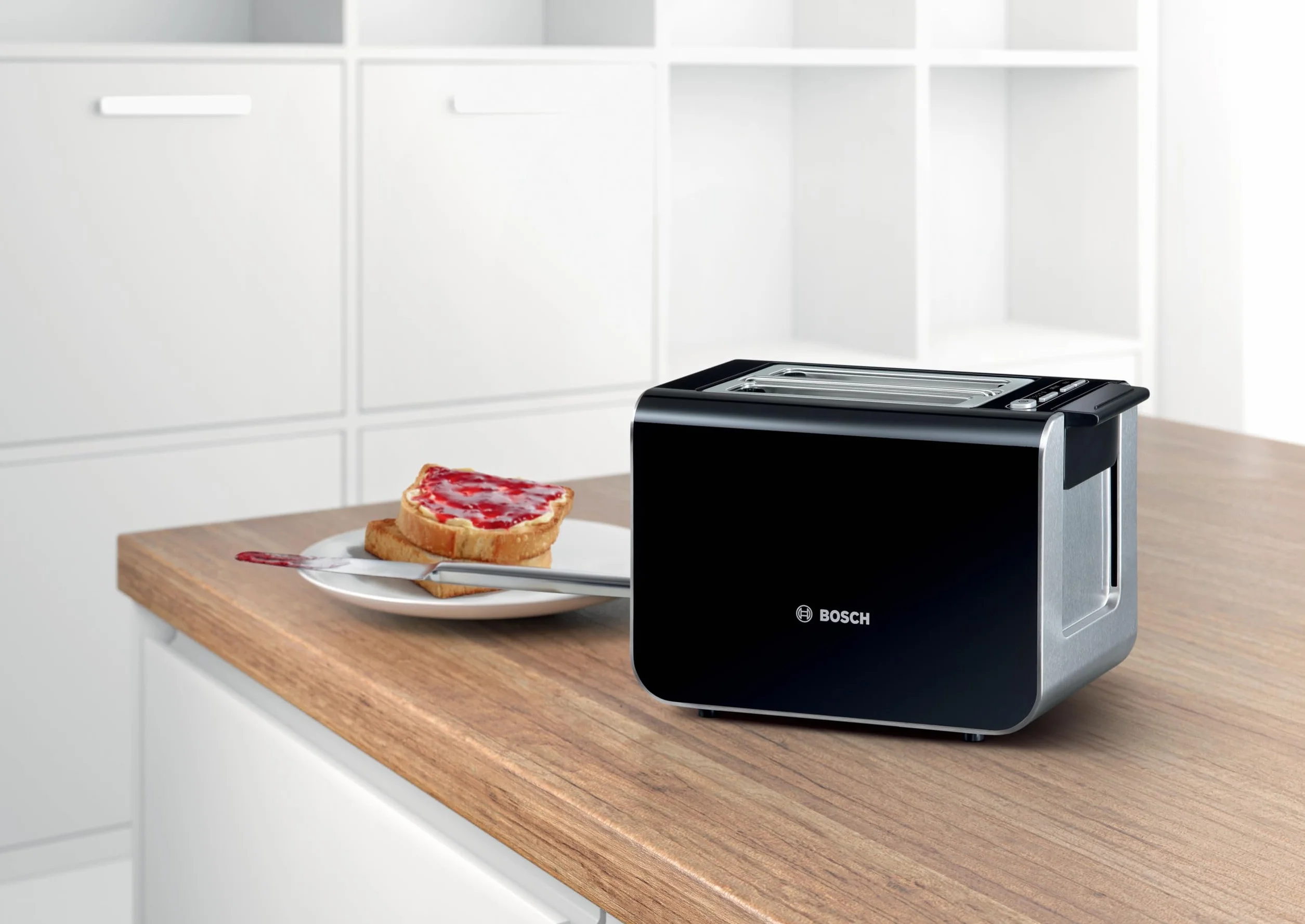 Bosch Tostapane Styline TAT8613N integrato, funzione di sollevamento, scongelamento, spegnimento automatico, centraggio del pane, 800 W, acciaio inox/nero