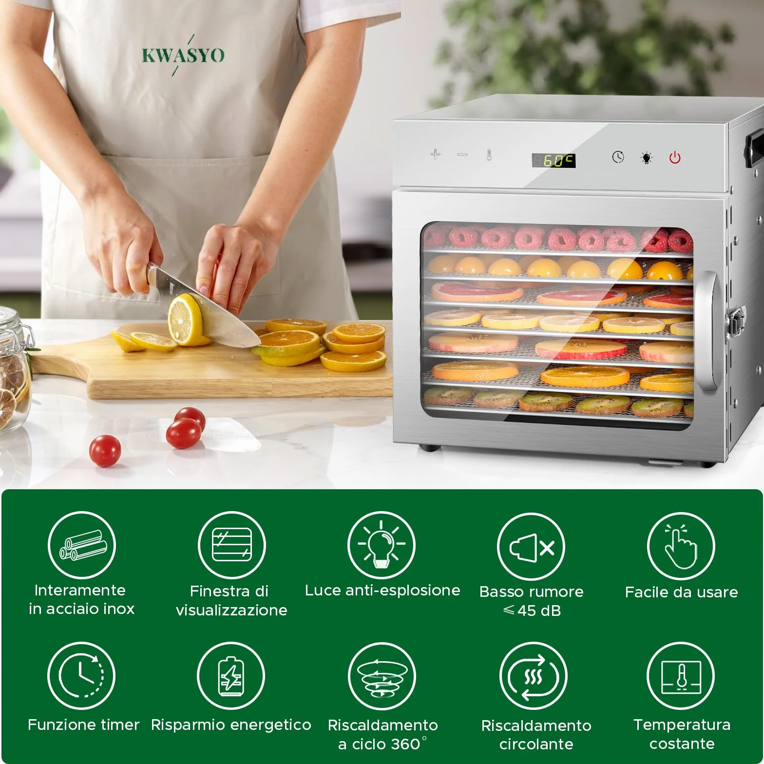 Kwasyo Essiccatore Alimentare Professionale in Acciaio Inox, 8 Vassi, 67 Ricette,di Temperatura da 30 a 90℃, Funzione Timer fino a 24 ore, Senza BPA, Disidratatore per Frutta, Carne, Verdure, Erbe