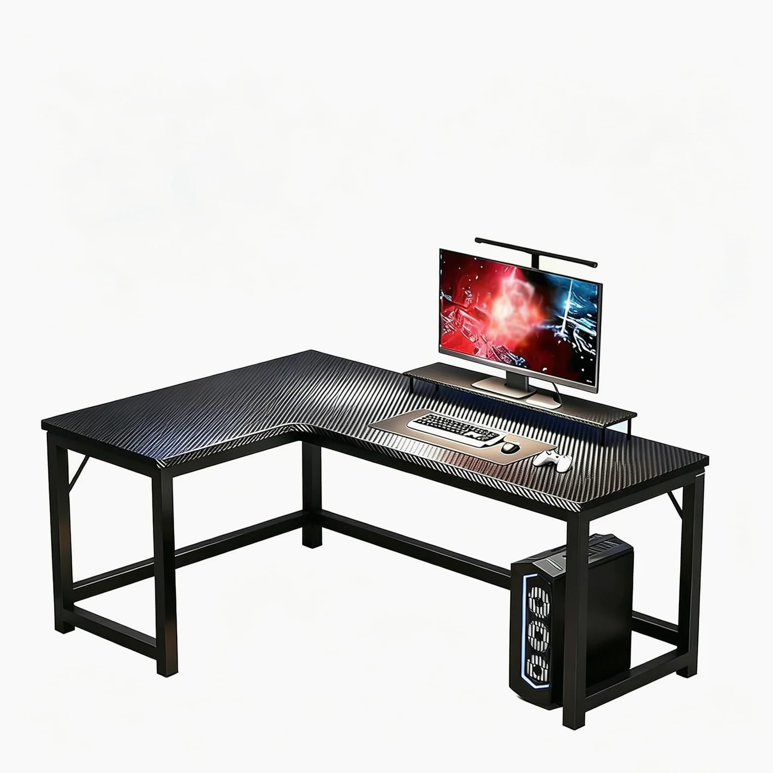 Tavolo per Computer Tipo L, Grande Scrivania Esecutiva, Finitura in Fibra di Carbonio, Base Tipo H, Gestione del Cavo, Capacità 100kg, Tavolo da Gioco Angolare Destro, 140 * 100cm