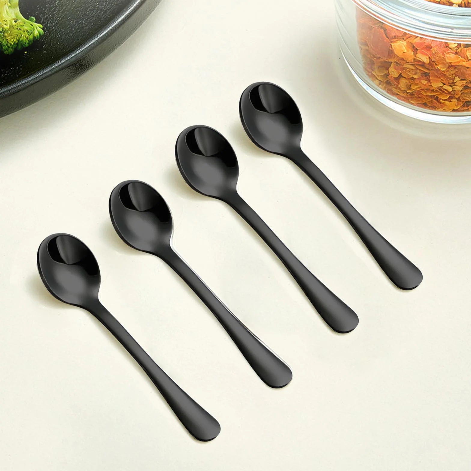 GlamRays 8 Pezzi Piccoli Cucchiai in Acciaio Inox per Barattoli Spezie, Mini Dimensione 7,5CM, Adorabili Piccoli Cucchiai Acciaio Inox per Spezie, Sale, Piccole Palettine Divertenti (Nero)