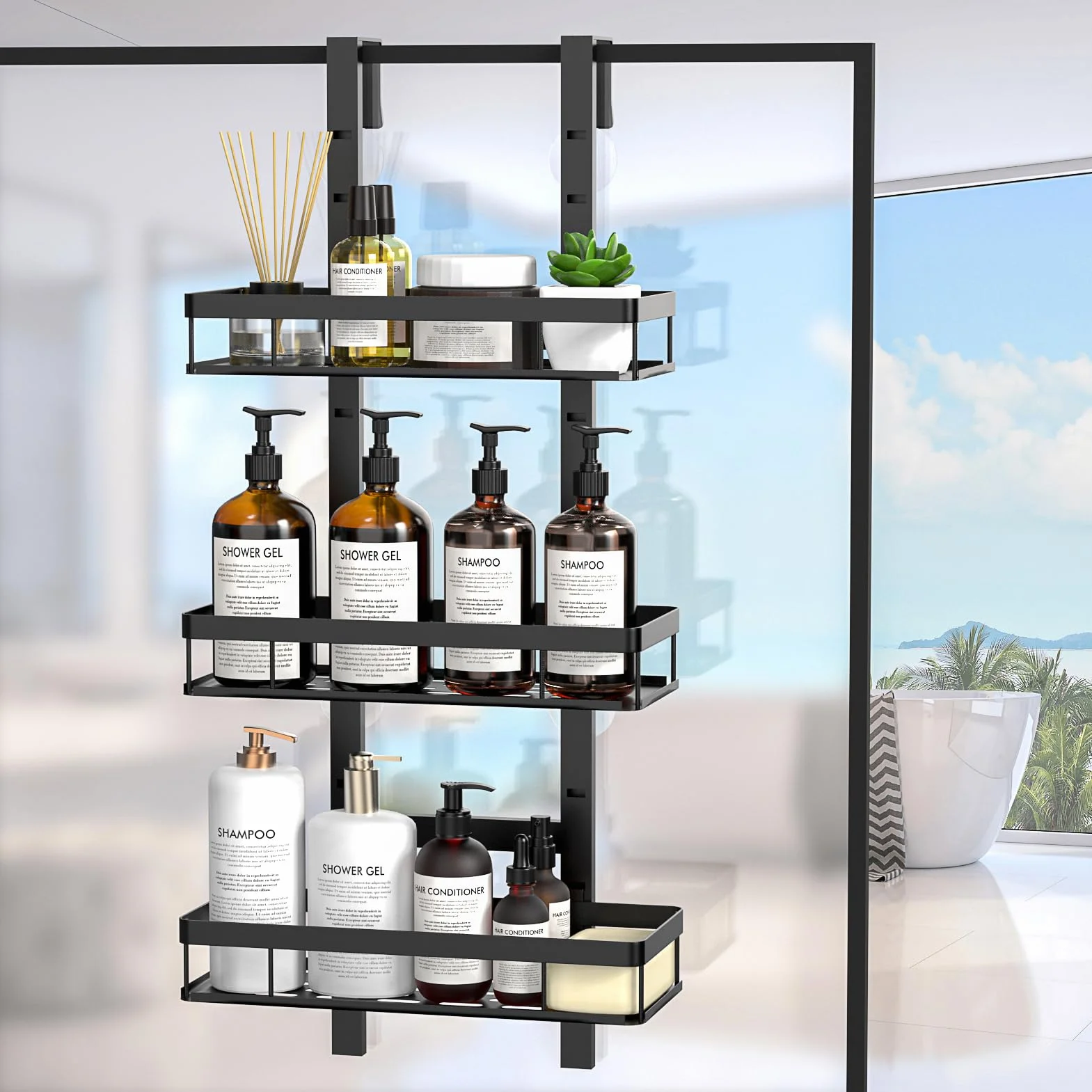Mensola Doccia Senza Foratura Porta Shampoo Bagno Appendere Nero 3 Livelli