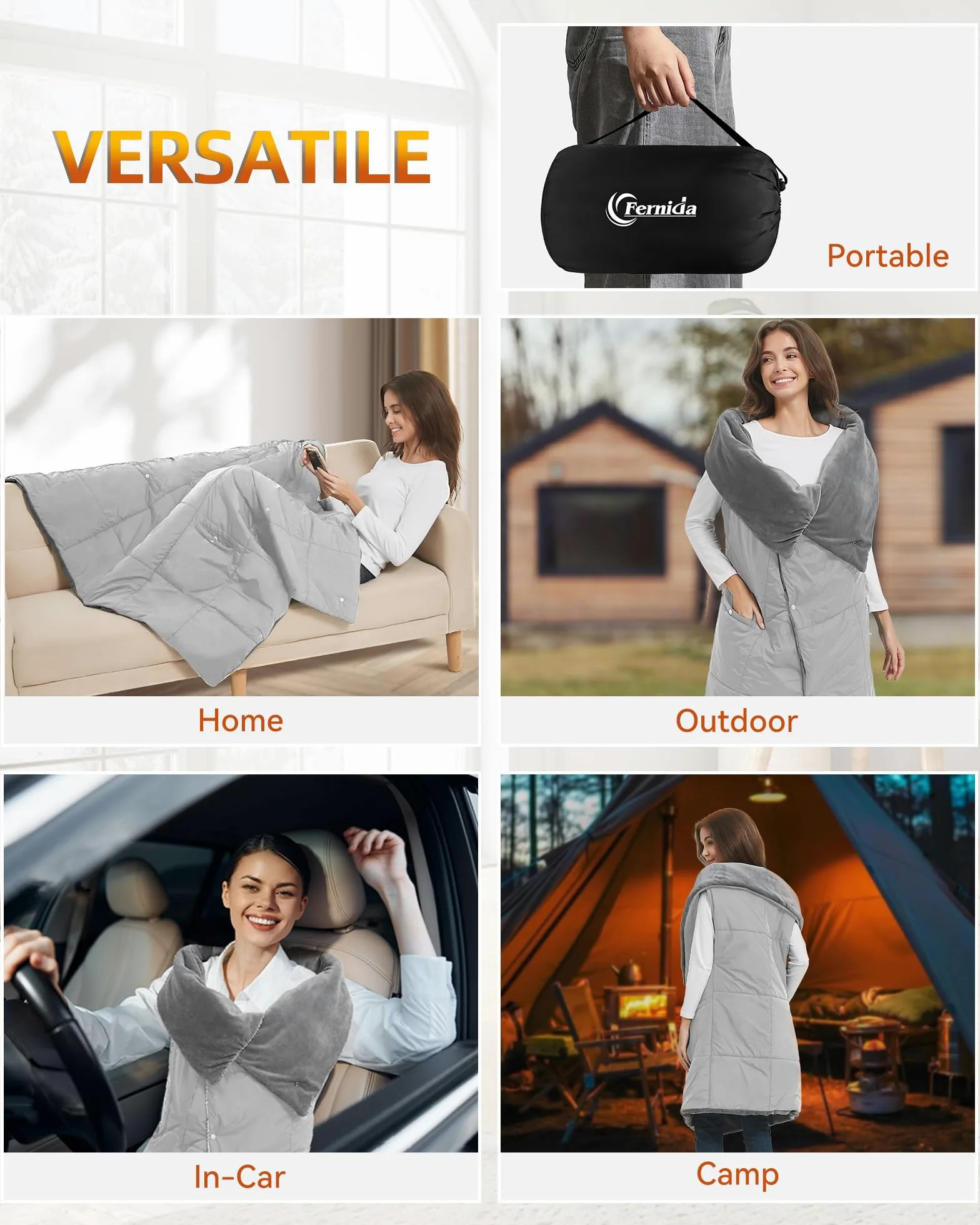 Fernida Coperta elettrica senza fili con batteria da 7,4 V, per uomo e donna, cuscino termico elettrico, portatile, scaldacollo, per casa, ufficio, viaggi, escursioni, grigio