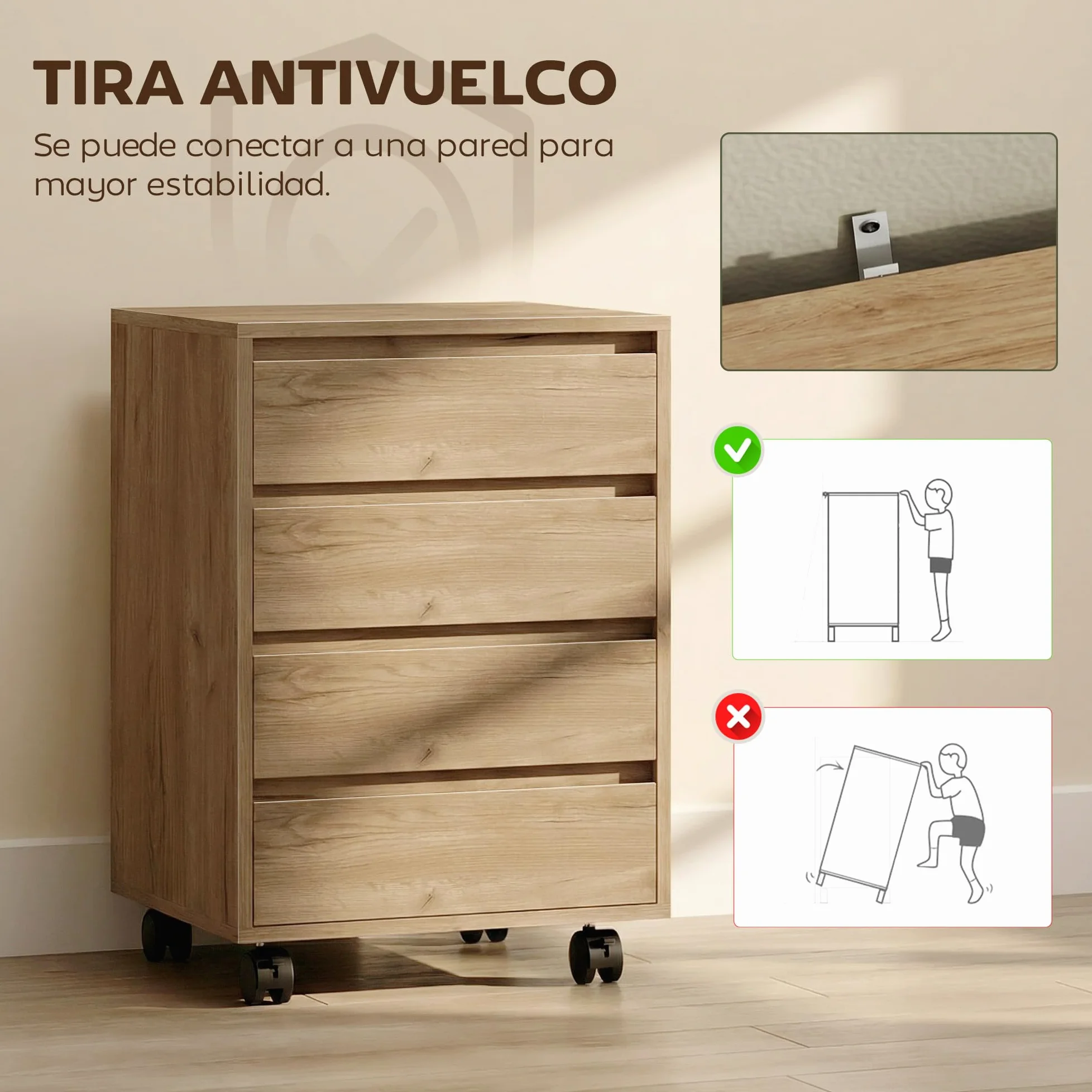 HOMCOM Cassettiera da ufficio con 4 cassetti Cassettiera da scrivania con ruote Scaffale mobile per studio 46x40x65 cm Marrone