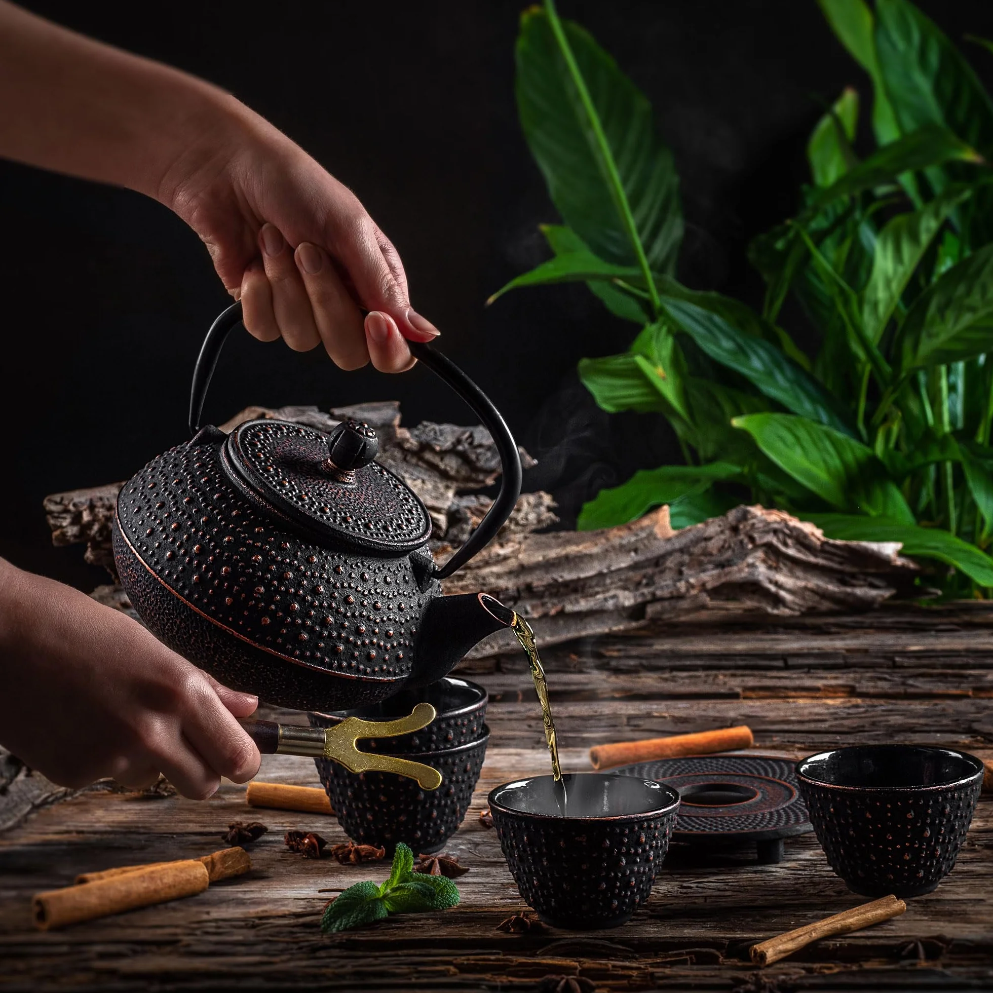 KADAX Bollitore in Ghisa con Tazze, Servizio da Tè Giapponese Tradizionale, Set con Filtro a Rete e Teiera con Manico Robusto (Nero)
