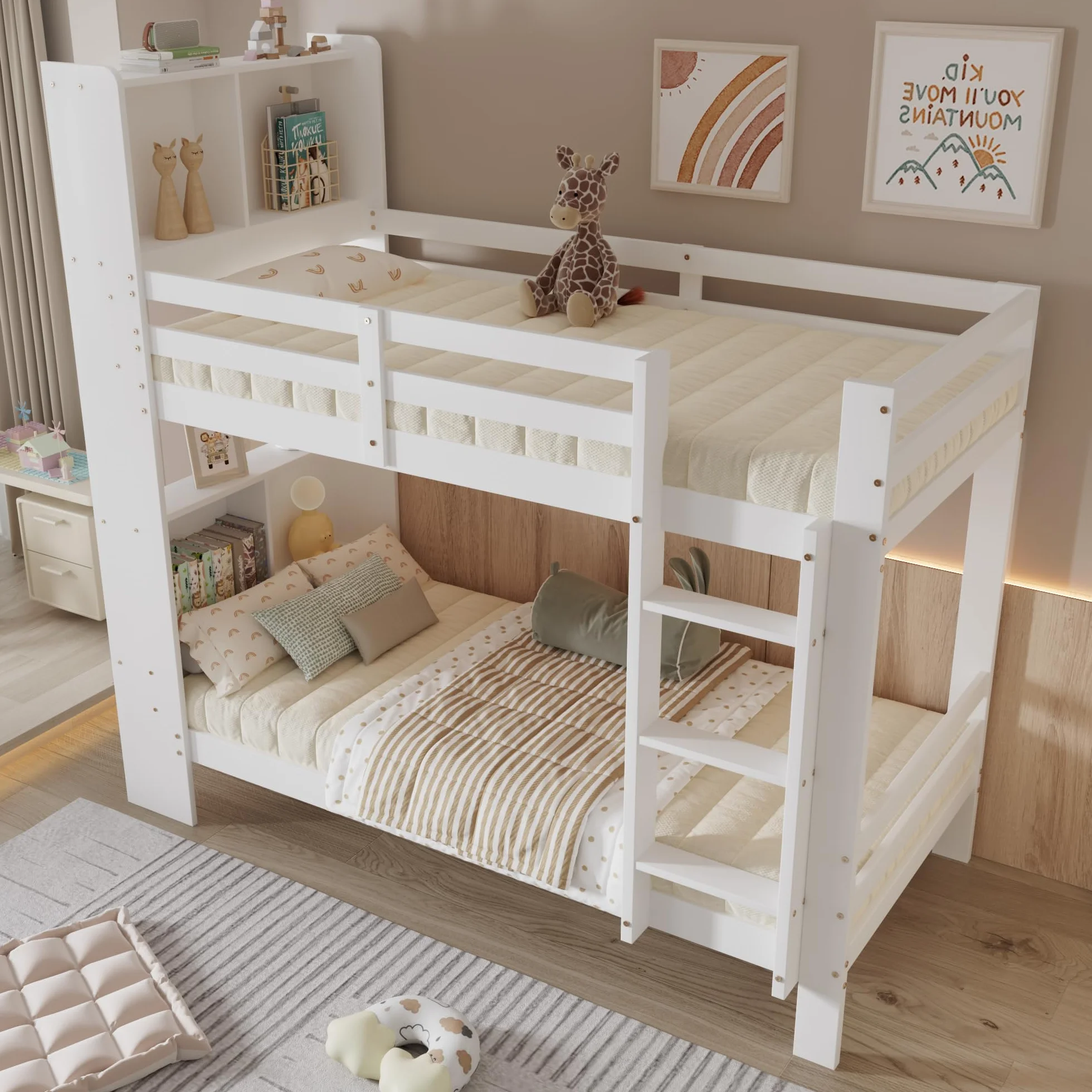 Oyemige Letto a Castello, Letto per Bambini con Contenitore, Letto Matrimoniale con Ripiano e Scala Ad Angolo Retto a Tre Gradini, 90x200 cm Letto In Legno, Rete A Doghe, Bianco, Senza Materasso