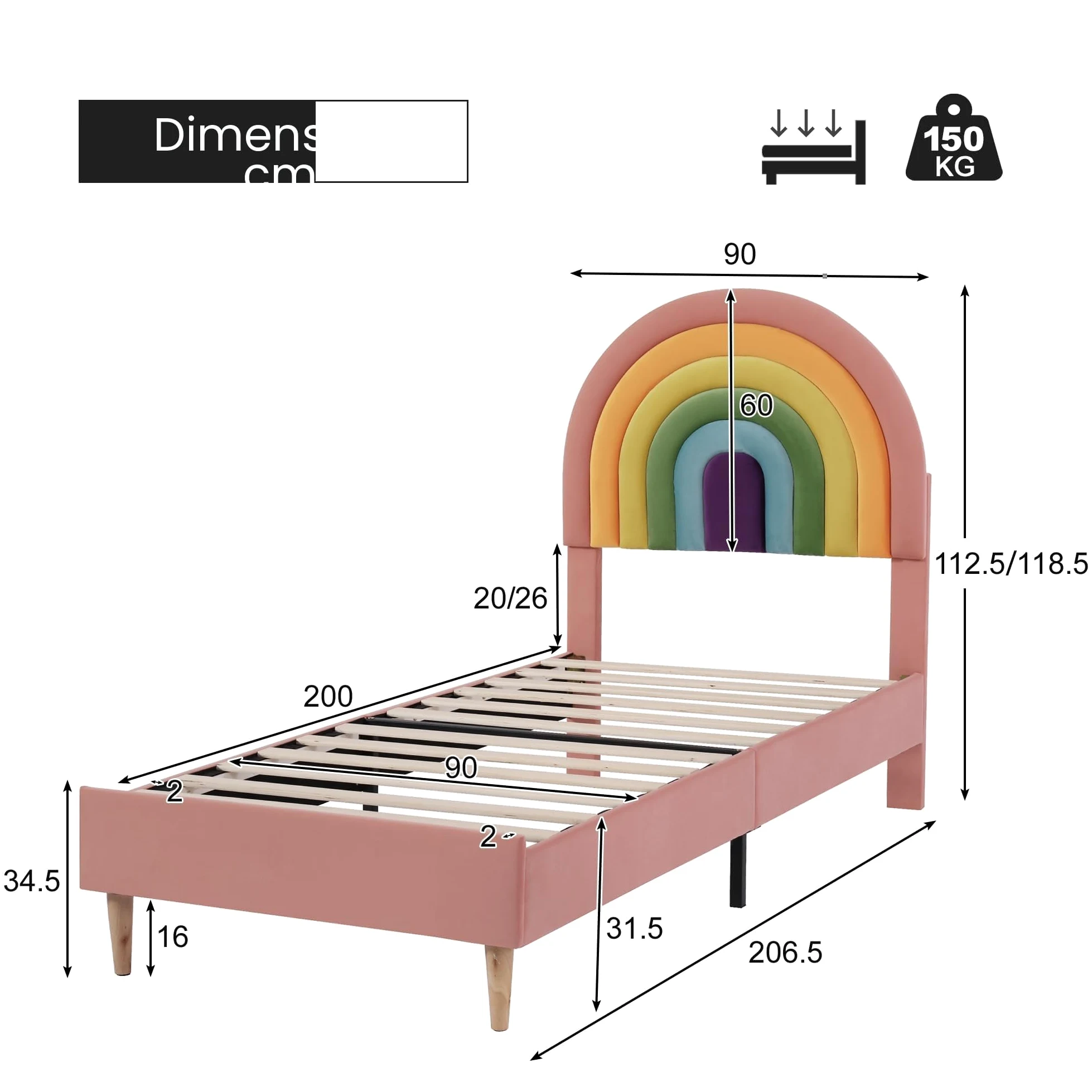 Azkoeesy Letto singolo imbottito per bambini e bambina, 90 x 200 cm, testiera arcobaleno, rivestimento in velluto, rosa