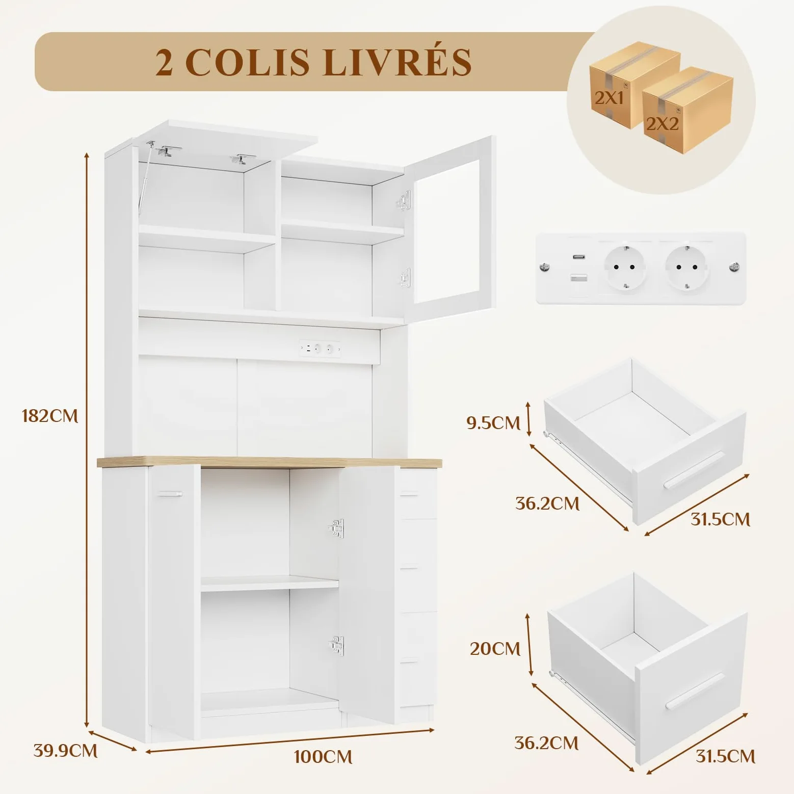 Devoko Mobile da cucina, credenza, armadio alto con prese di corrente e strisce LED 3000 K, con piano di lavoro da 24 mm, ripiani regolabili, 3 cassetti, 100 x 40 x 182 cm (Bianco)