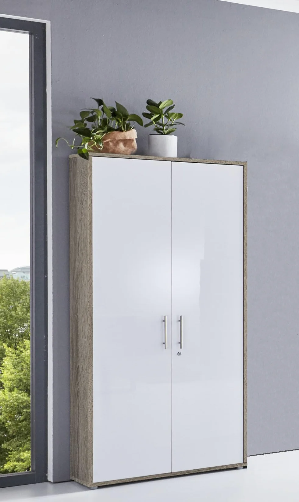 BMG Möbel Office Edition Set 22, armadietto da ufficio con serratura con manici in metallo, prodotto in Germania (rovere Sonoma/bianco lucido)