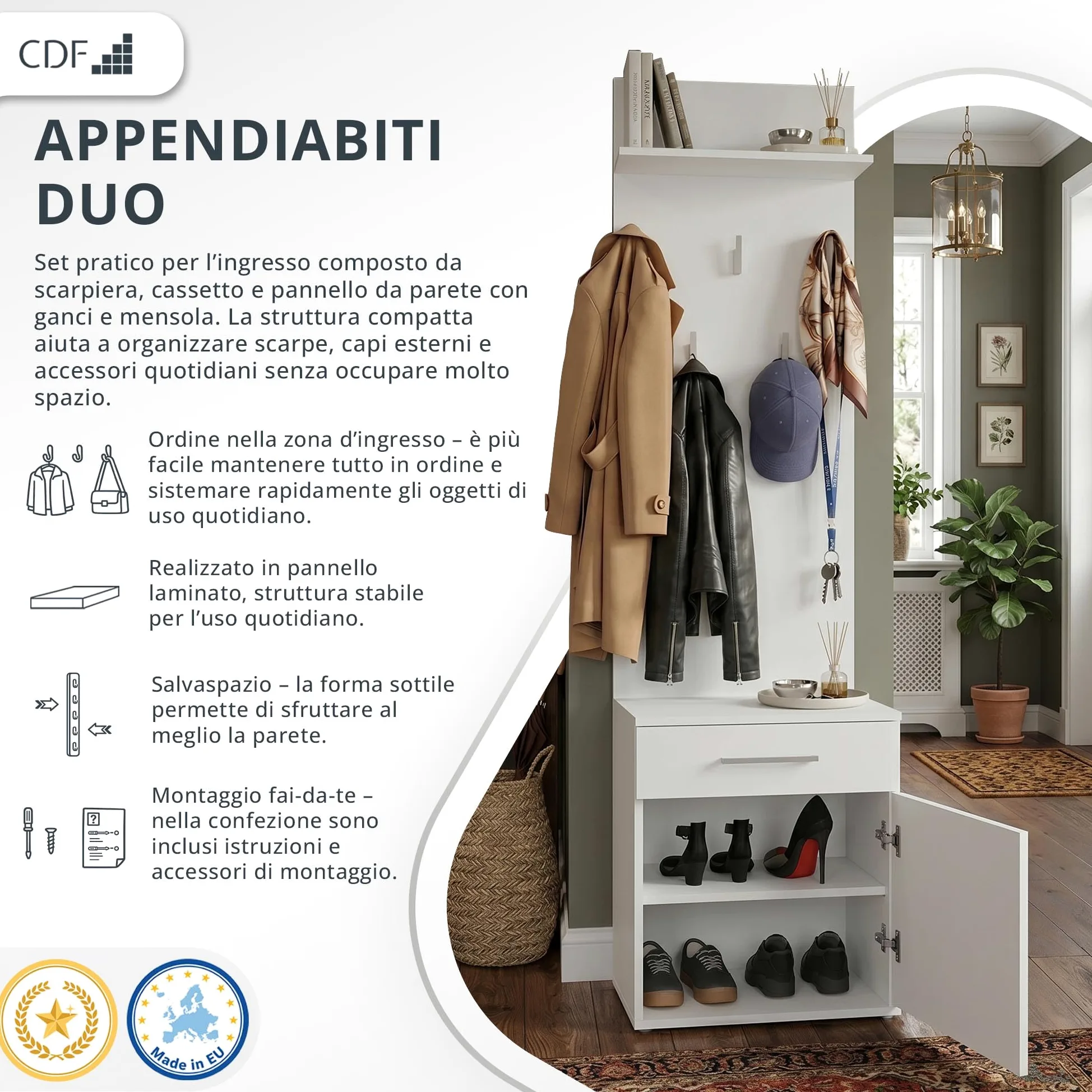 CDF Appendiabiti Ingresso con Panca Scarpier Set Appendiabiti da Corridoio Set di Mobili con Portascarpe Ganci per Entrata Armadietti per Corridoio Moderno Set Salvaspazio Bianco