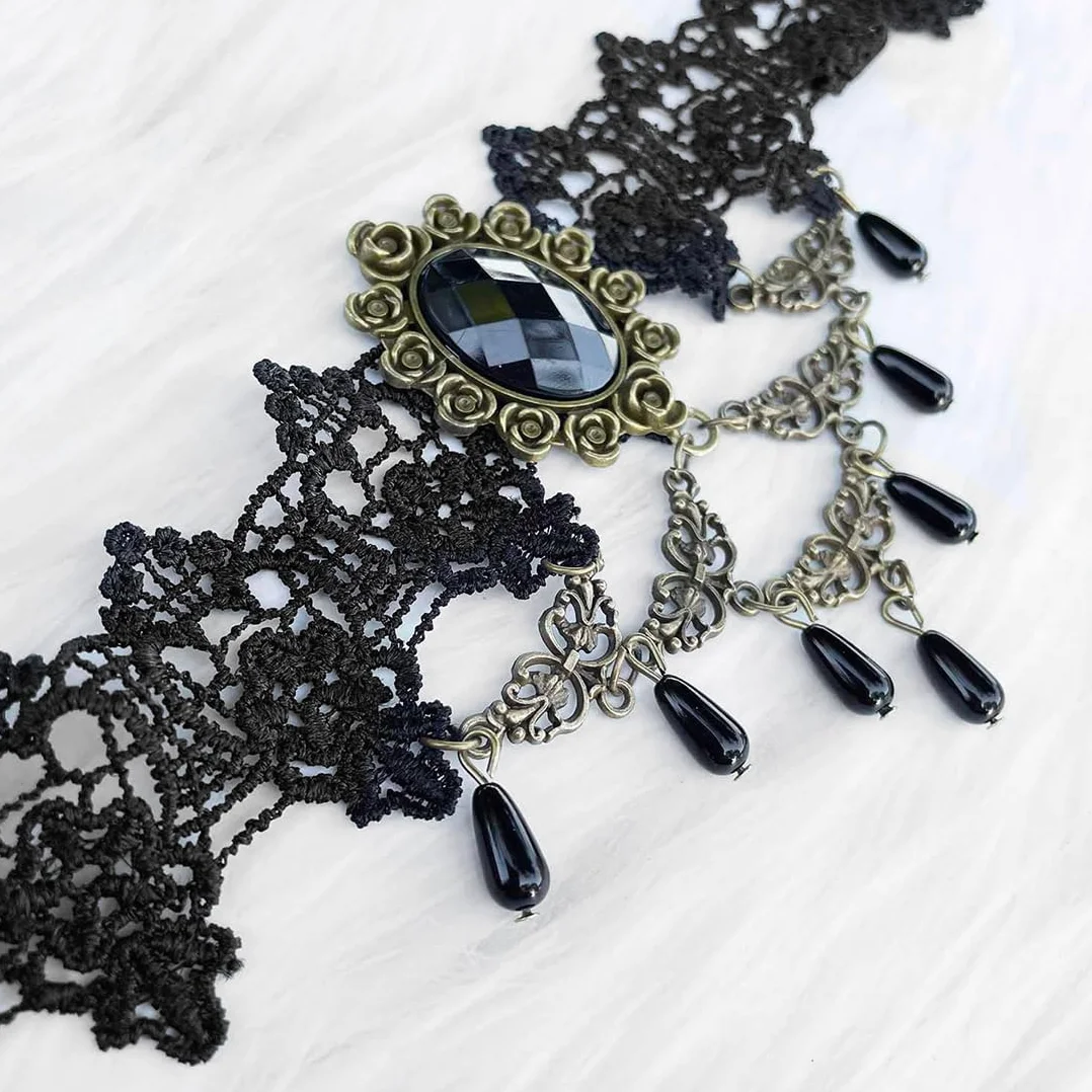 Collana Girocollo Gotica in Pizzo Set da 2 Pezzi Nero con Strass Ciondolo a Goccia