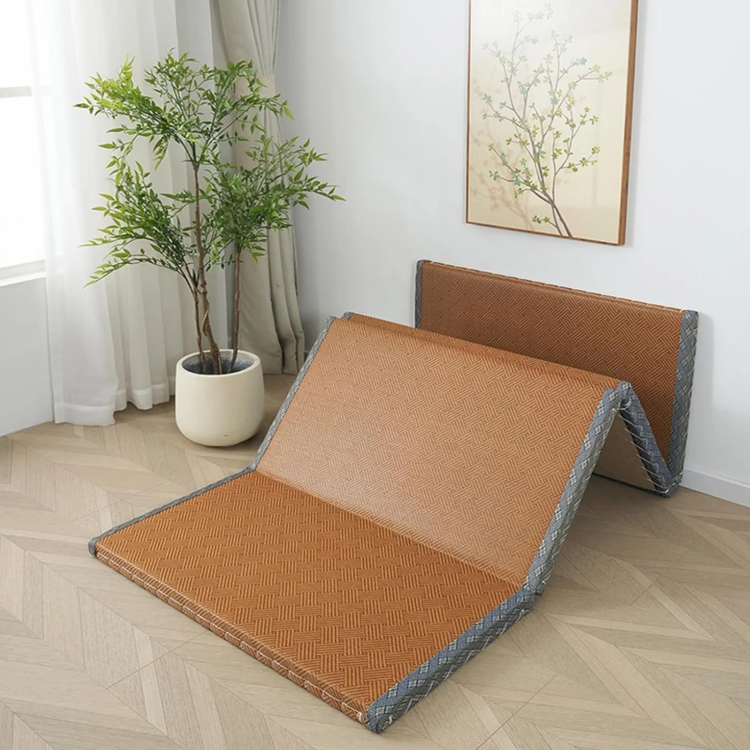 Tappetino Tatami Tradizionale Giapponese Pieghevole in Fibra di Cocco, Futon Giapponese Portatile e Antiscivolo per Dormire, Meditazione, Yoga Zen, 100x200x3.5cm